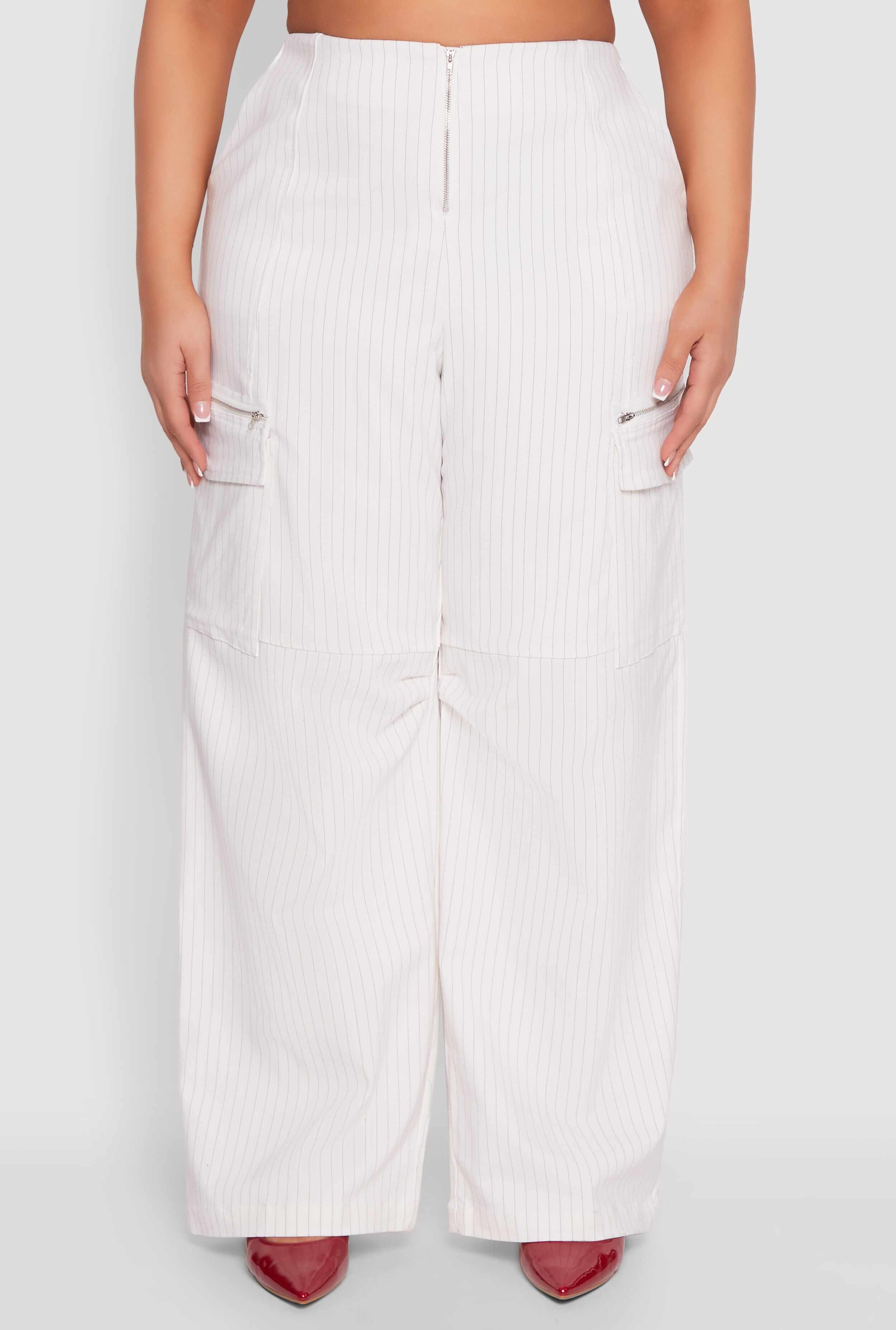Plus Size Pinstripe Zip Cargo Dress Pants