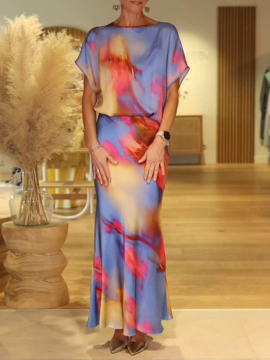 🔥Summer Arrivals🌟Women's Colorful Tie-patter Pattern Round Neck Short Sleeve Casual Loose Top And High Waist Slim Fit Satin Set
