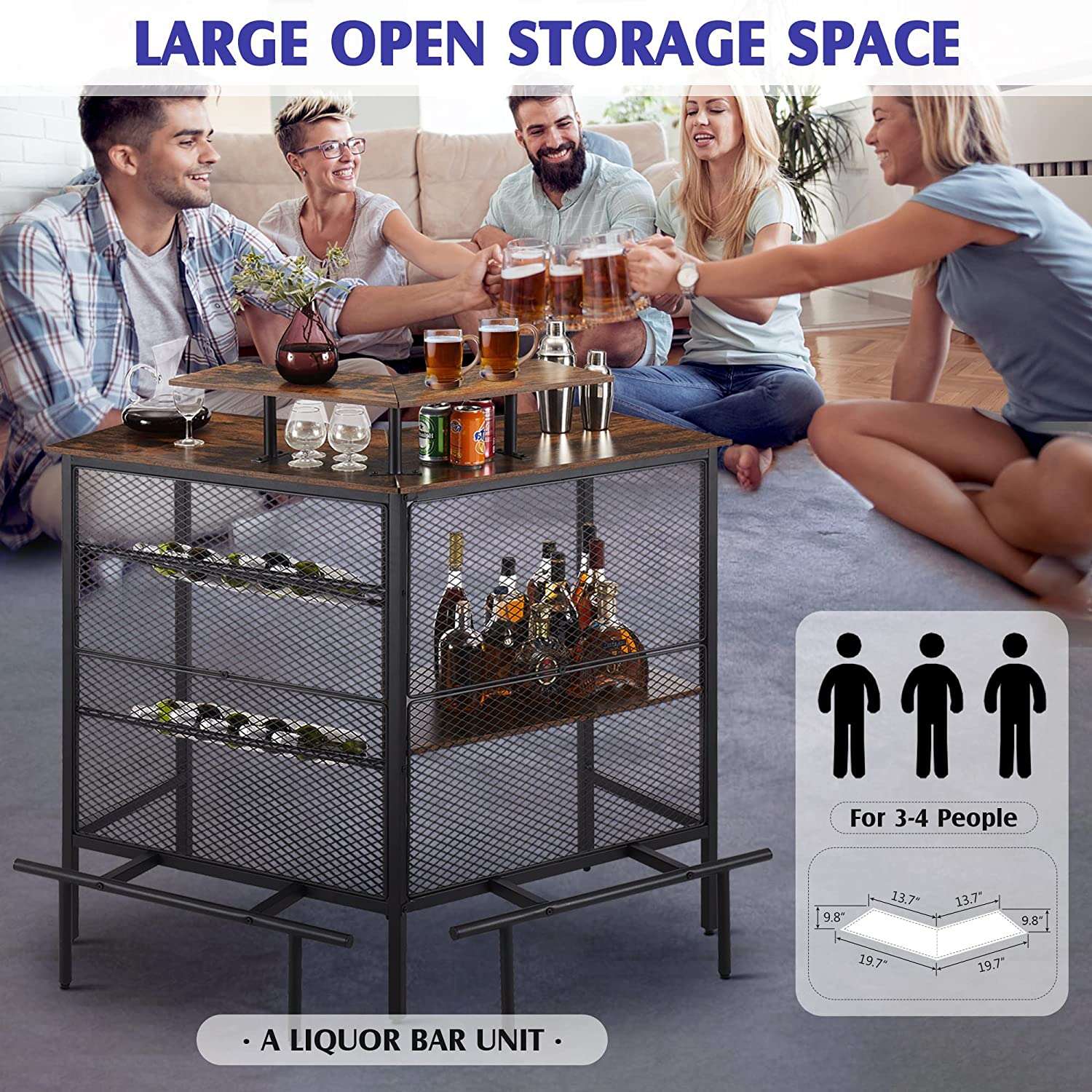 VECELO Bar Unit, 3 Tier Liquor Cabinet with Metal Mesh Front