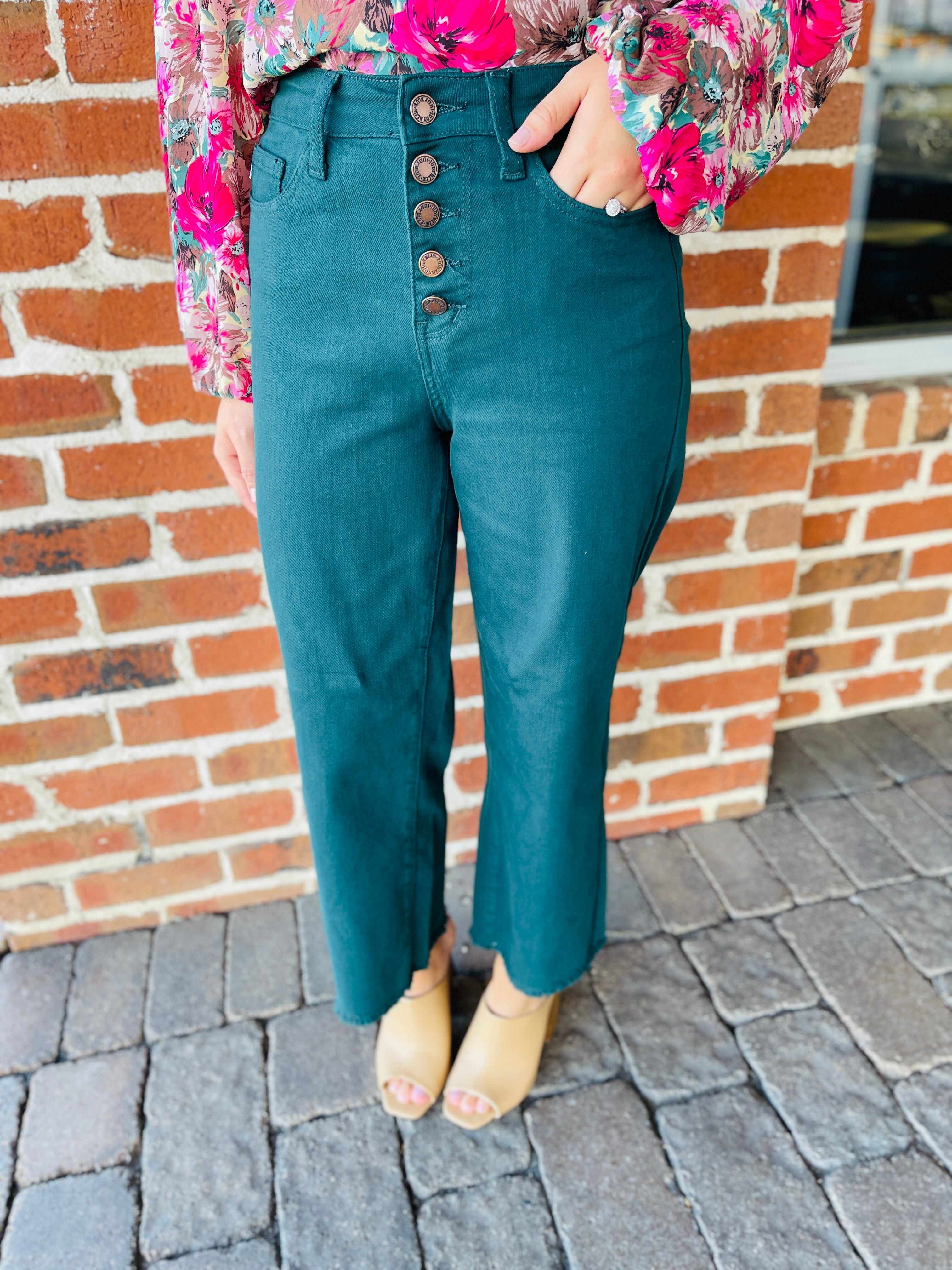 Plus/Reg Bright As A Button Fly Wide Leg Teal Jeans