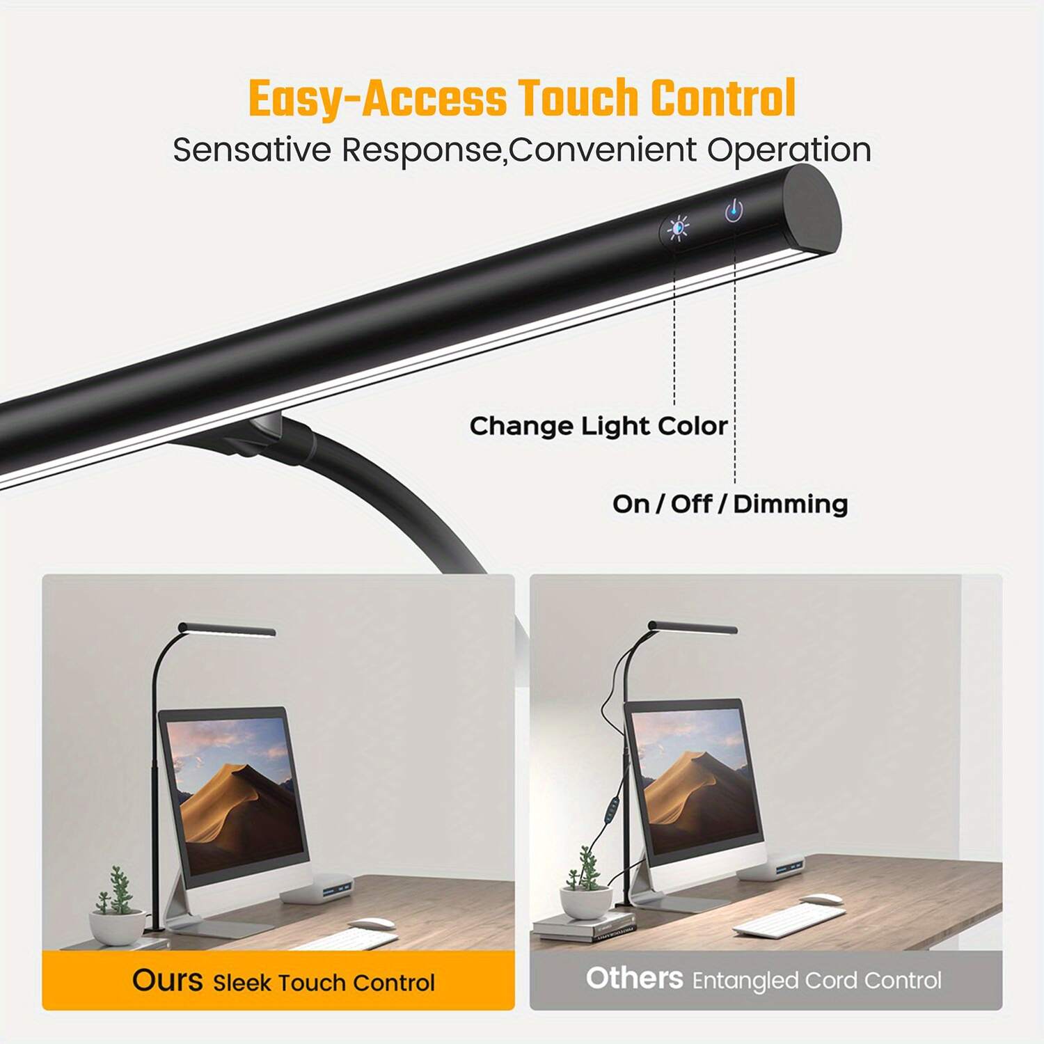 Desk Lamp for Home Office, Eye-Caring Desk Light with Adjustable Gooseneck, 12W Touch Control Dimmable Brightness, Architect Clamp Lamp for Computer Monitor