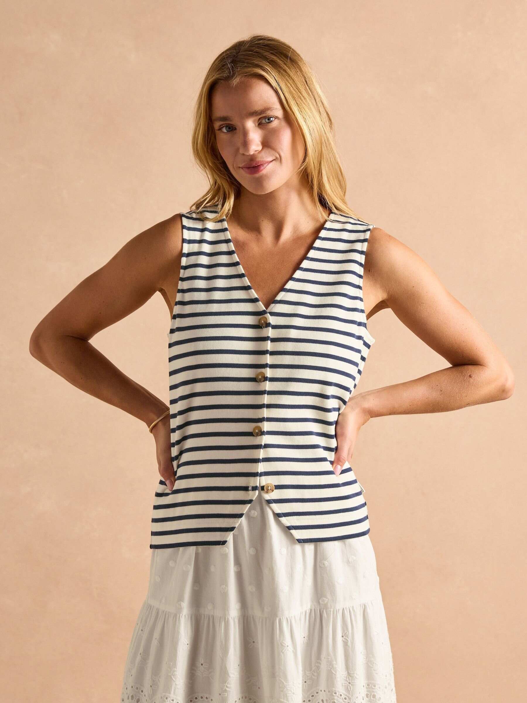 Premium Ribbed Cream & Navy Jersey Cotton Waistcoat