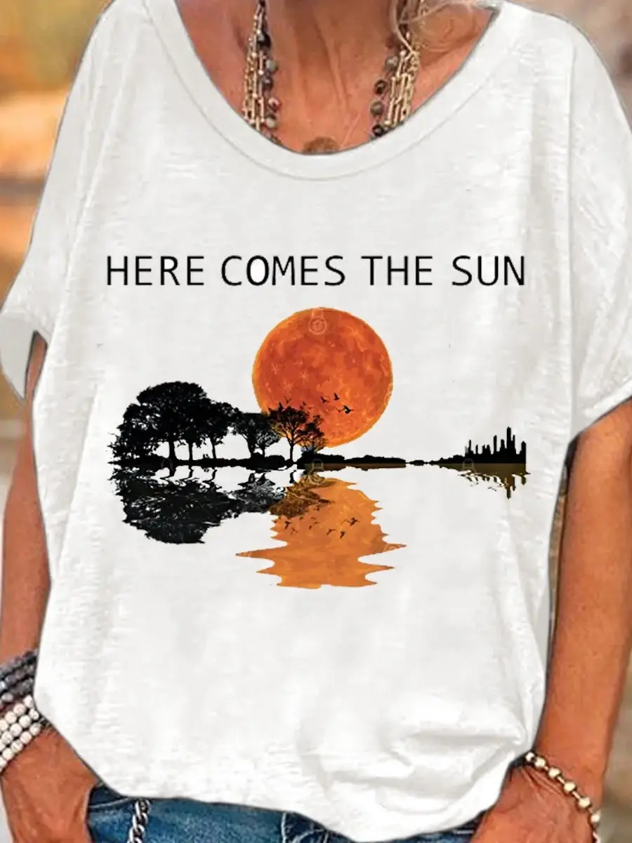 Women's Vintage Hippie Peace Love Music Symbol Print T-Shirt