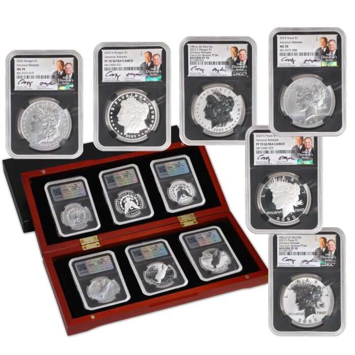 2023 6 PC Morgan and Peace Silver Dollars NGC MS70/PF70/ Reverse PF70 Advance Releases signed by Edmund C. Moy & David Ryder U.S. Mint Directors