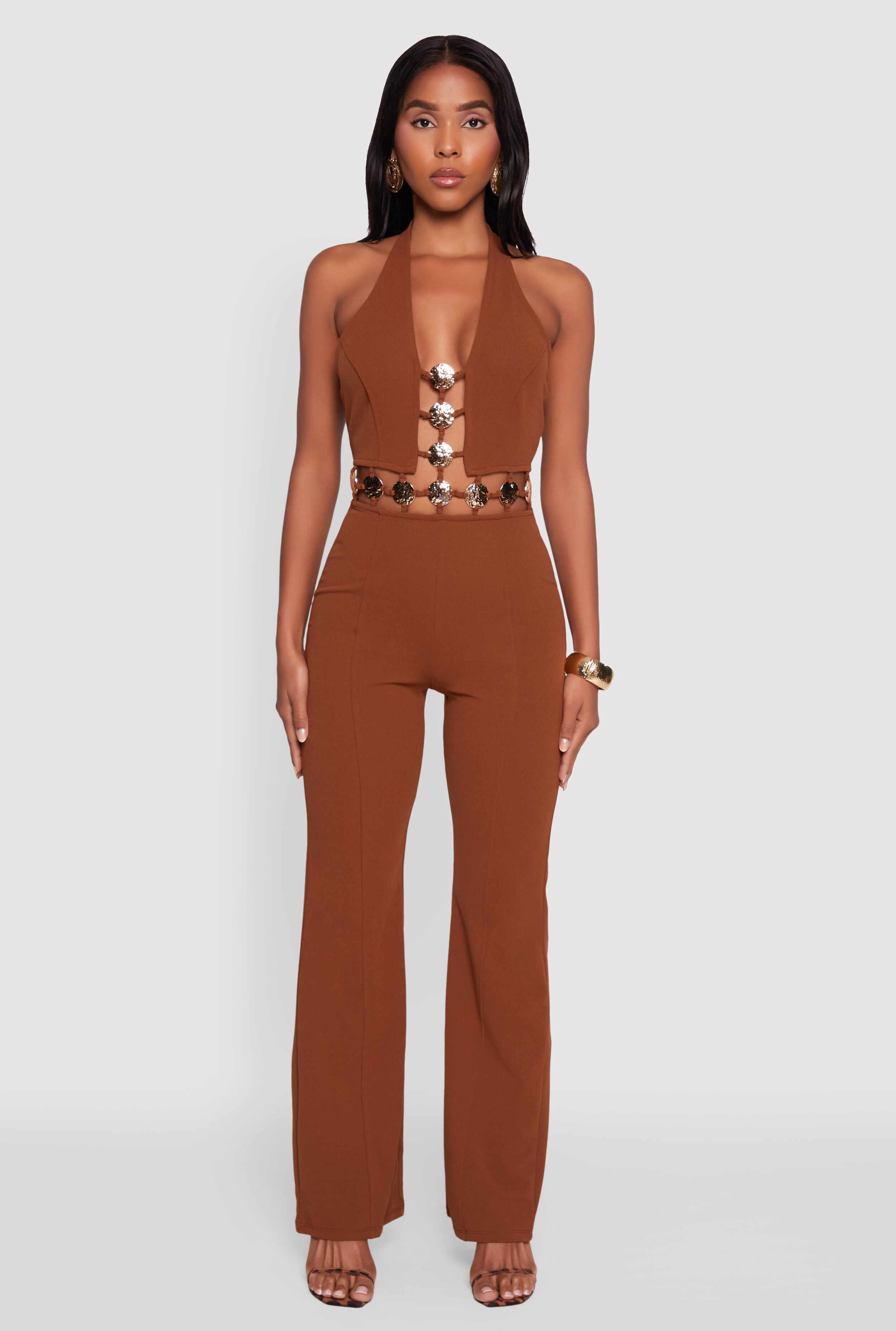Metallic Detail Plunge Tie Back Halter Jumpsuit