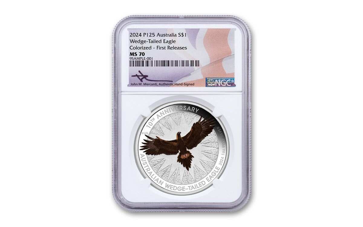 2024 Australia $1 1-oz Silver Wedge Tailed Eagle Colorized NGC MS70 First Releases w/Flag Label & Mercanti Signature