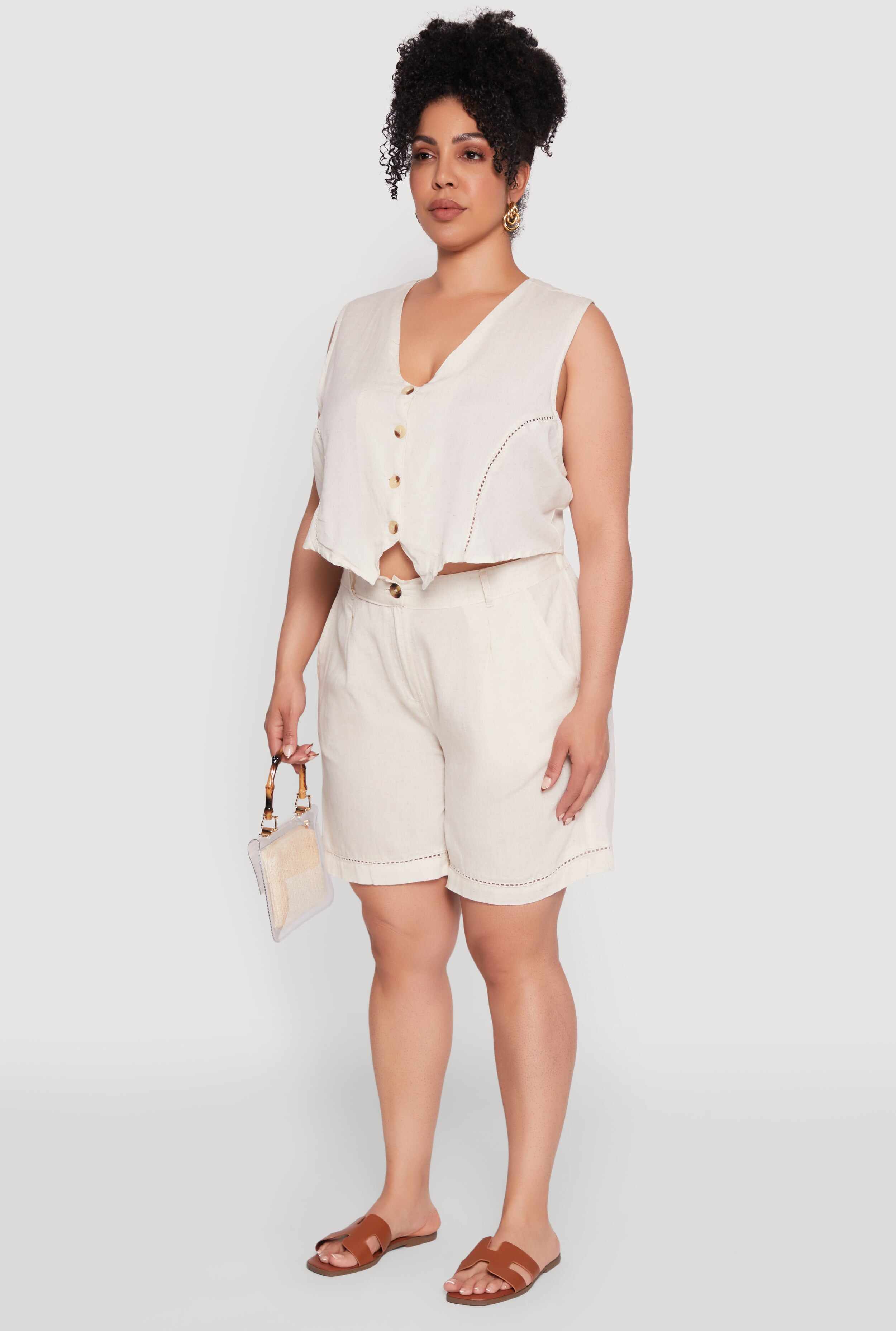 Plus Size Trendy Linen Crochet Detail Cropped Vest