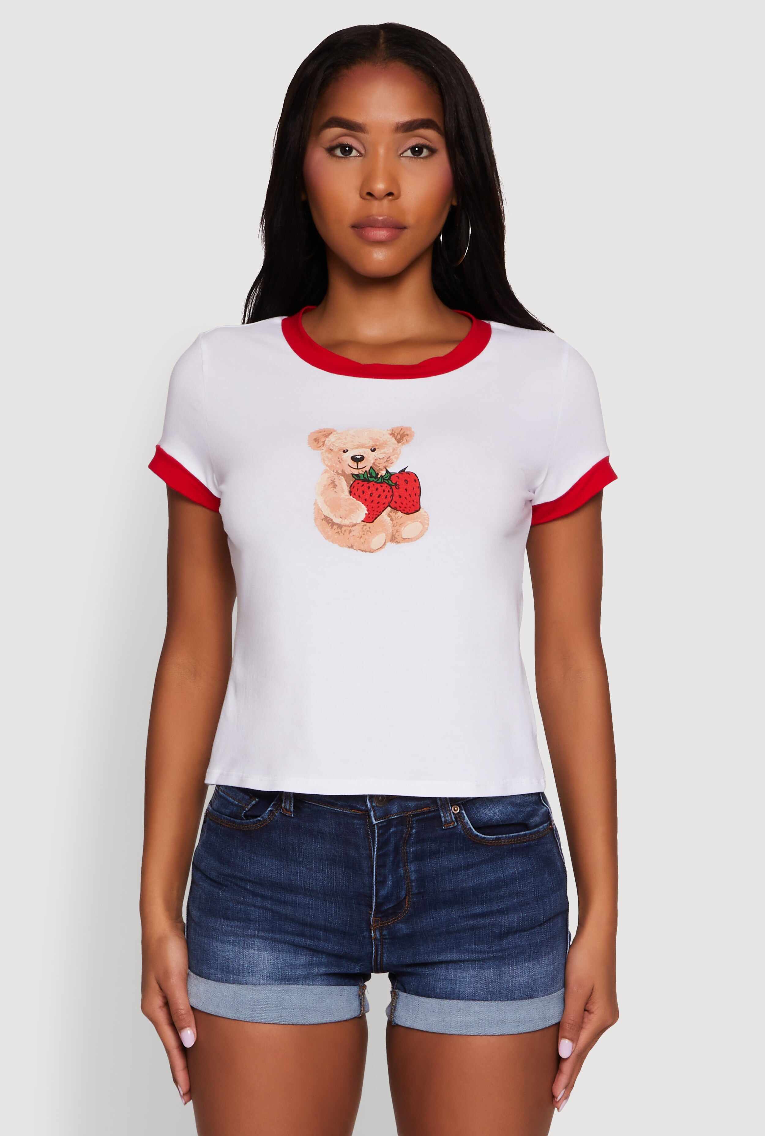 Trendy Graphic Strawberry Teddy Ringer T-Shirt