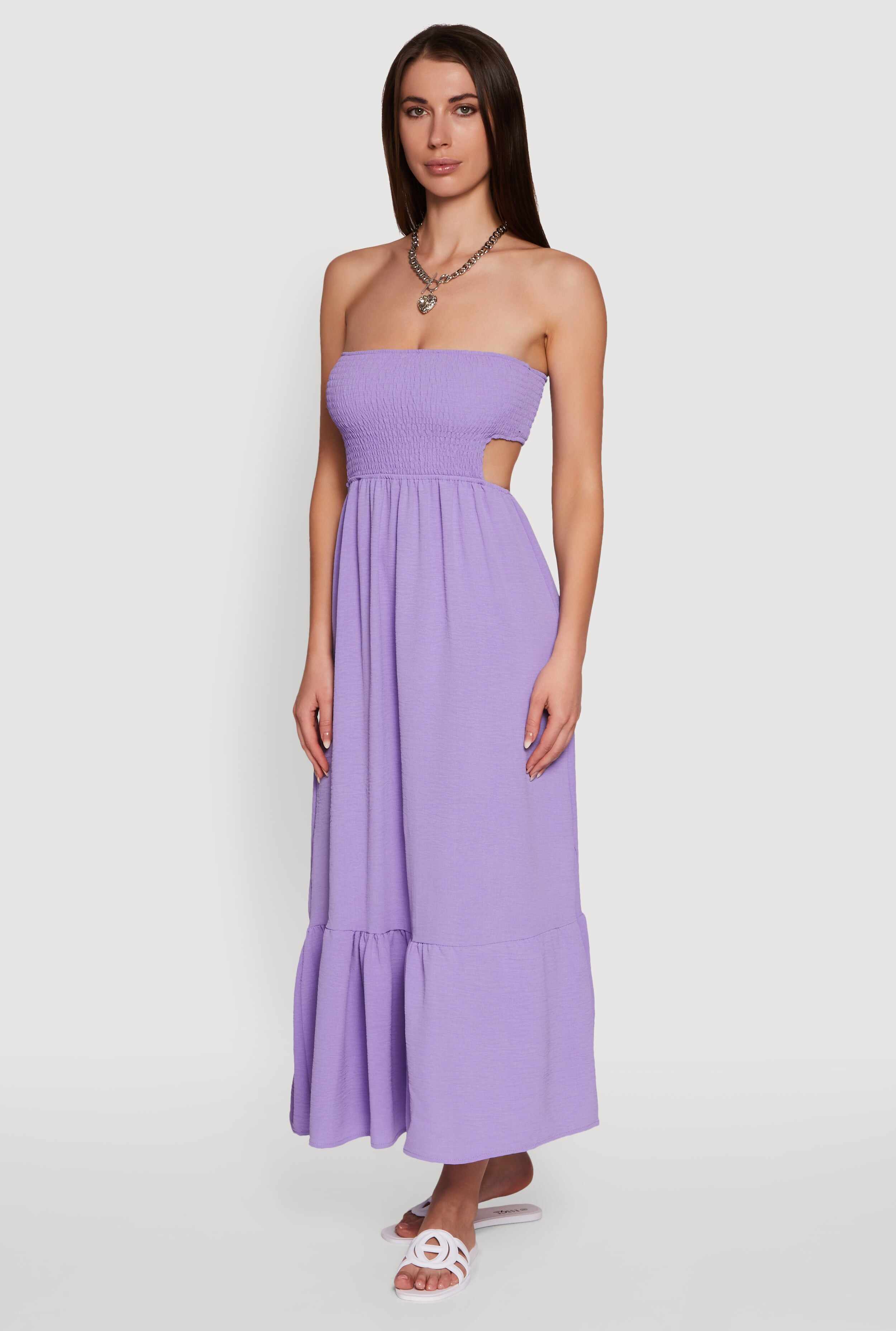 Trendy Smocked Strapless Keyhole Detail Tiered Dress