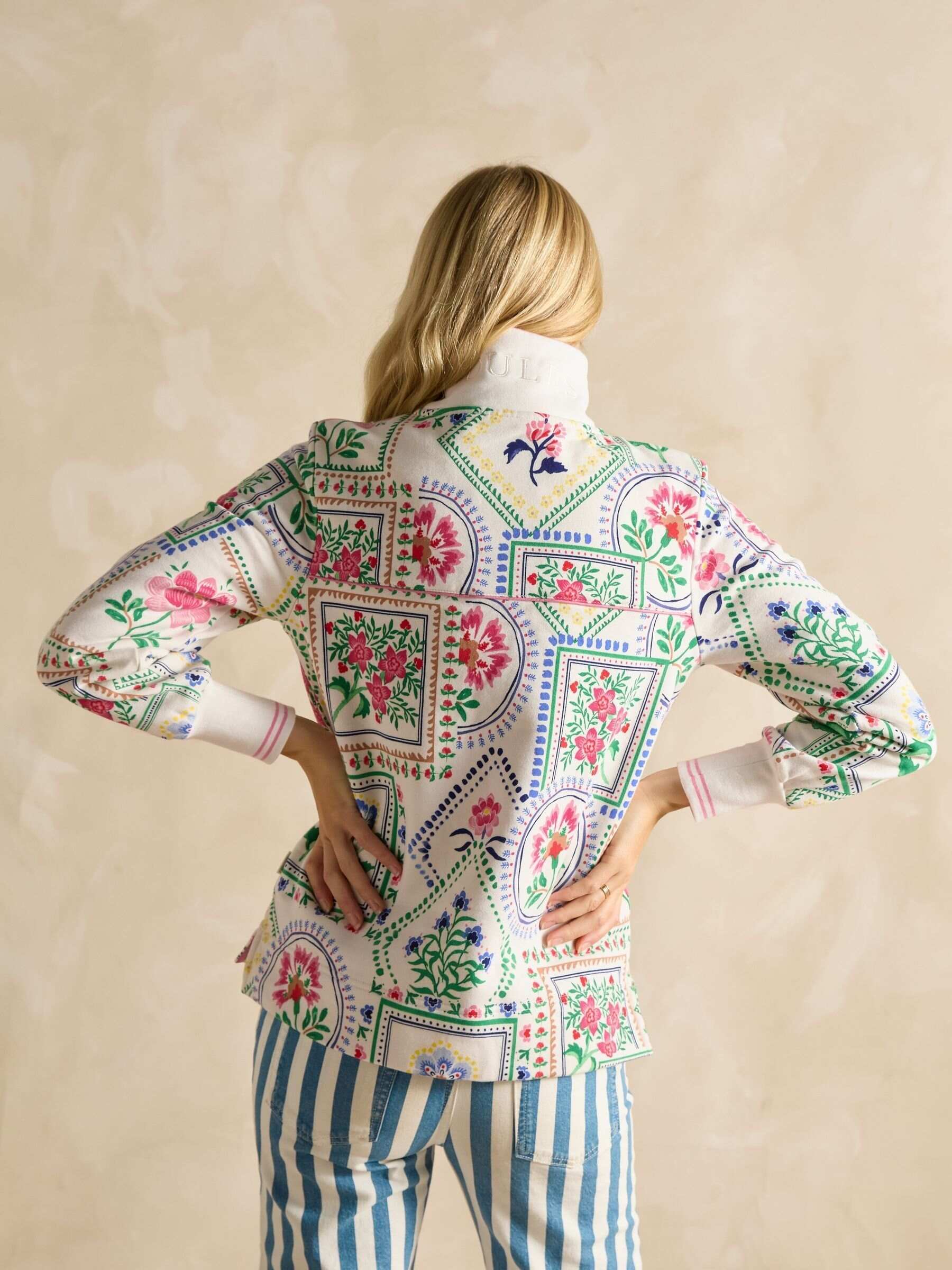 Burnham Cream Tile Print Cotton Funnel Neck Quarter Zip Sweatshirt