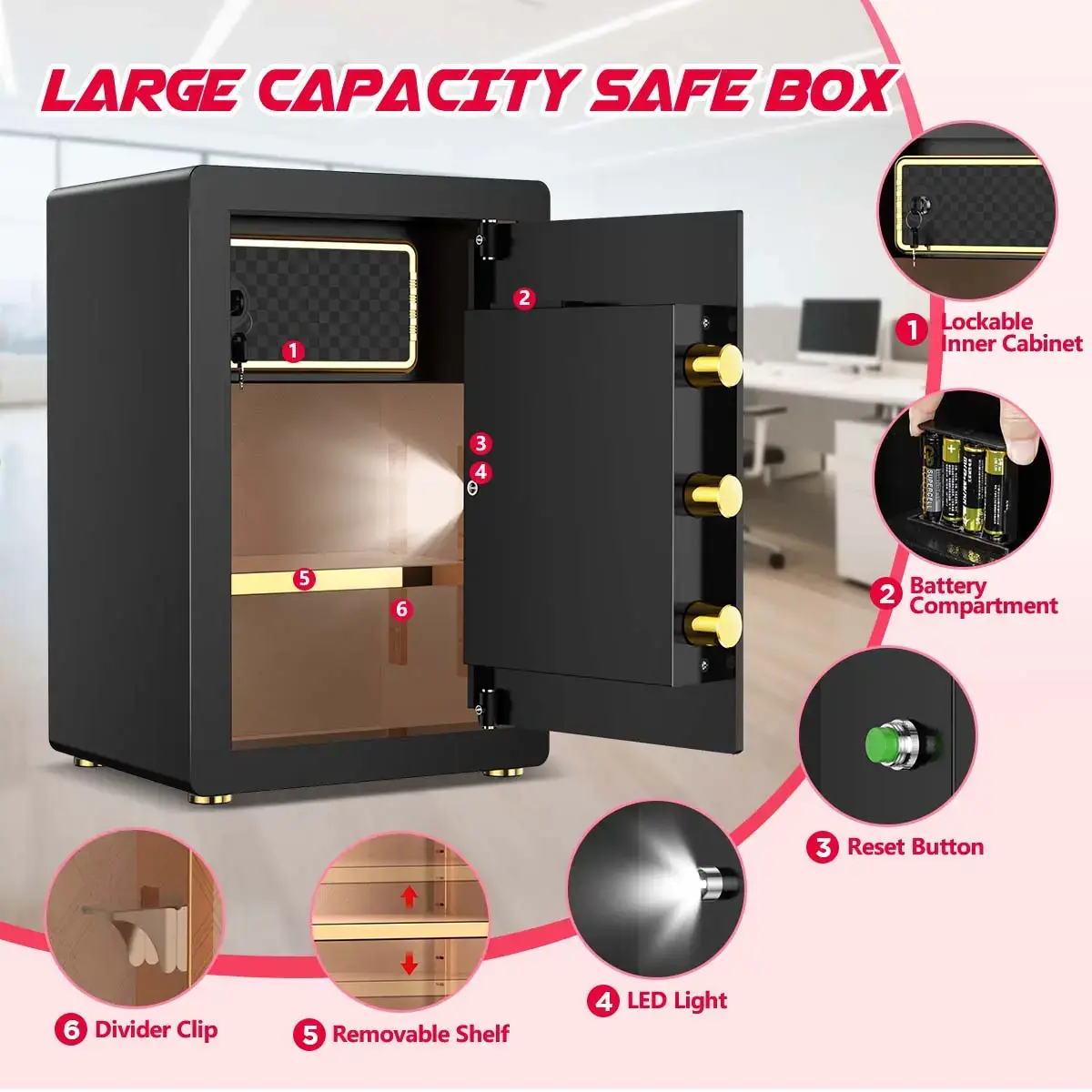 Large Safe Box, Digital Keypad Home Security Safe With Smart Alarm System & Interior Safe Lock Box, for Valuables Spy Gadgets Inner Safe Box with Fireproof Waterproof Bag, New Home Renovation Essentials,Adjustable Shelf