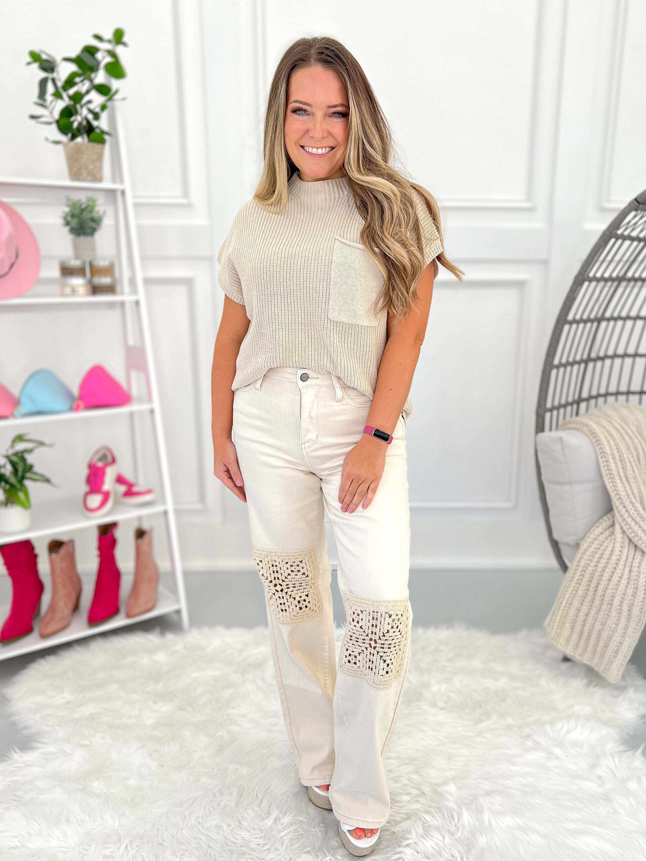 Christmas - Beige Dyed Crochet Patched Wide Jeans - Final Sale