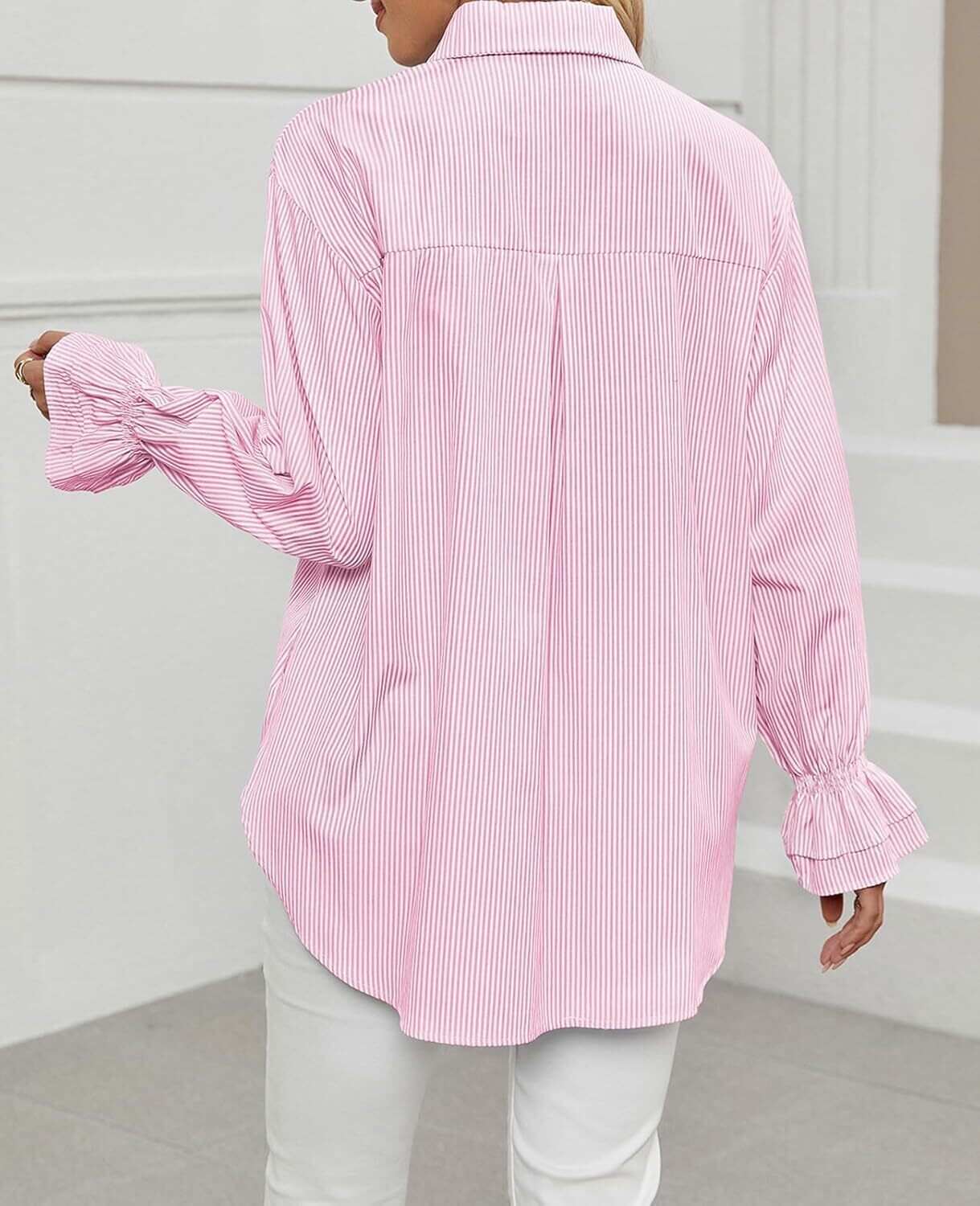 Women's Striped Button Down Shirts Smocked Cuffed Boyfriend Shirt Long Sleeve Blouse Top with 3 Pockets
