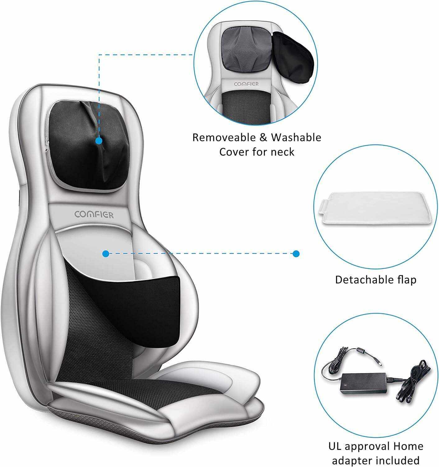 COMFIER Shiatsu Neck Back Massager with Heat and Compression, App Control 2D or 3D Deep Tissue Kneading Massage Chair Pad, Chair Massager for Full Body Pain Relief, Ideal Gifts,Grey