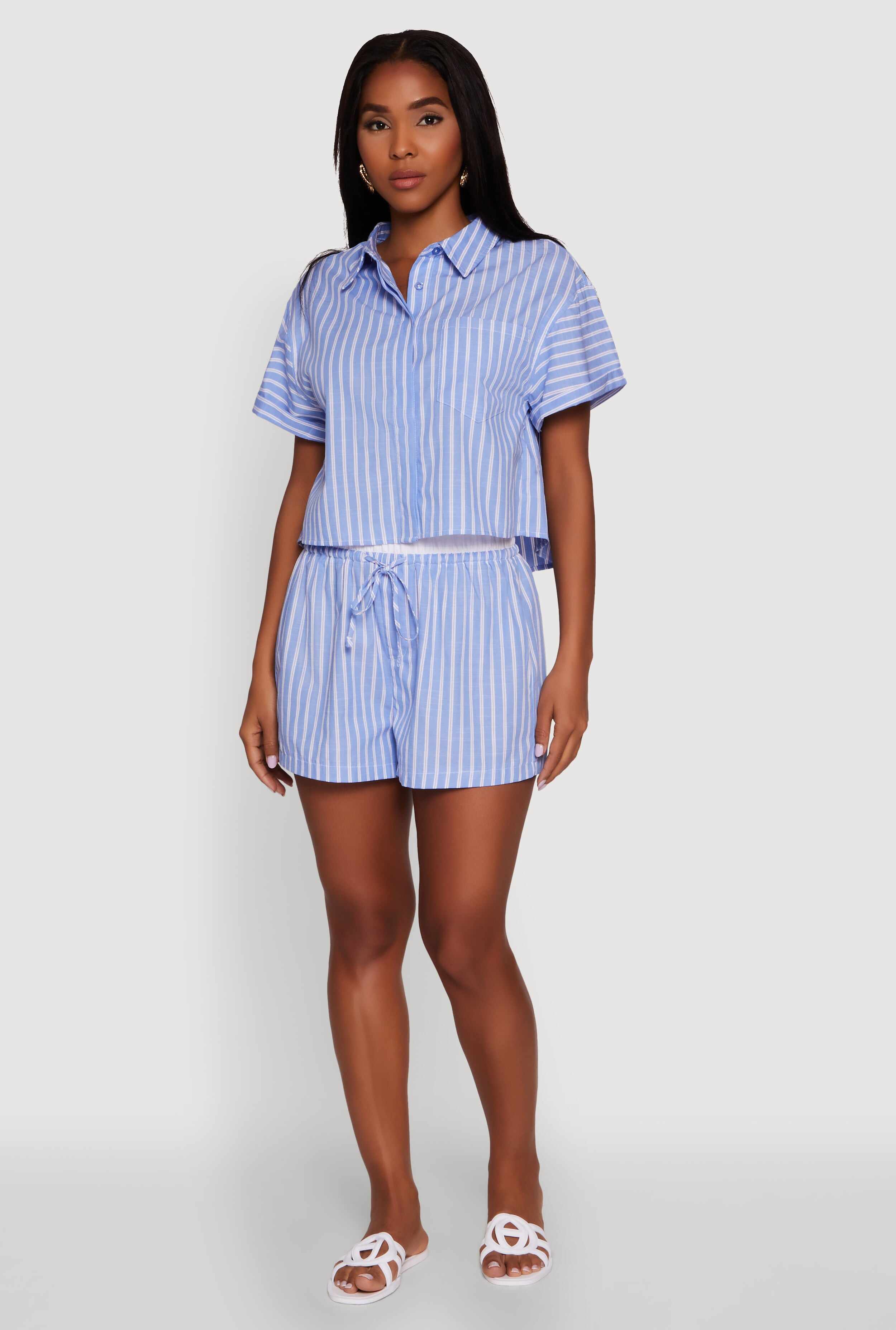 Iris Striped Boxy Button Front Cropped Shirt