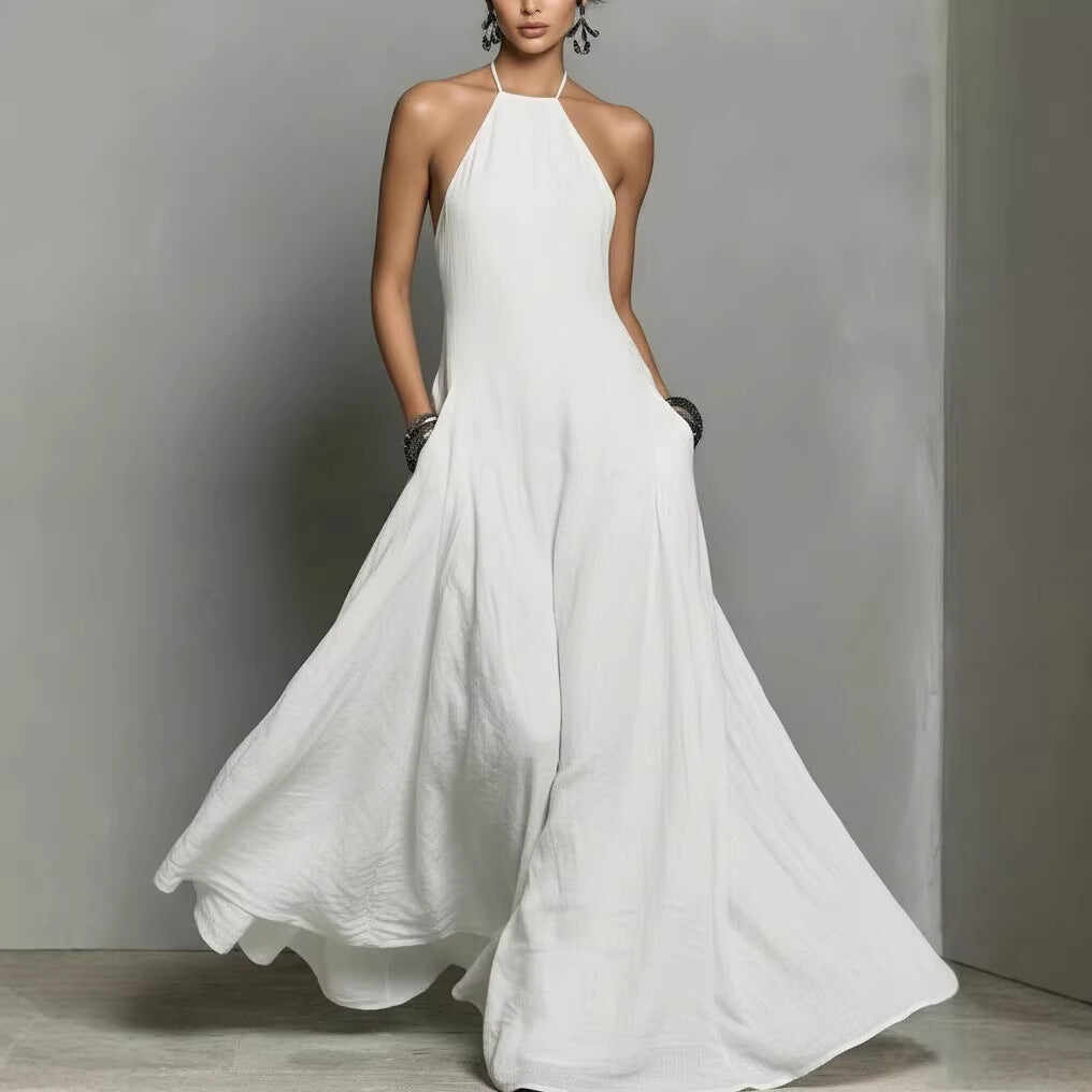 Cotton And Linen Blend Simple Backless Sleeveless Long Dress