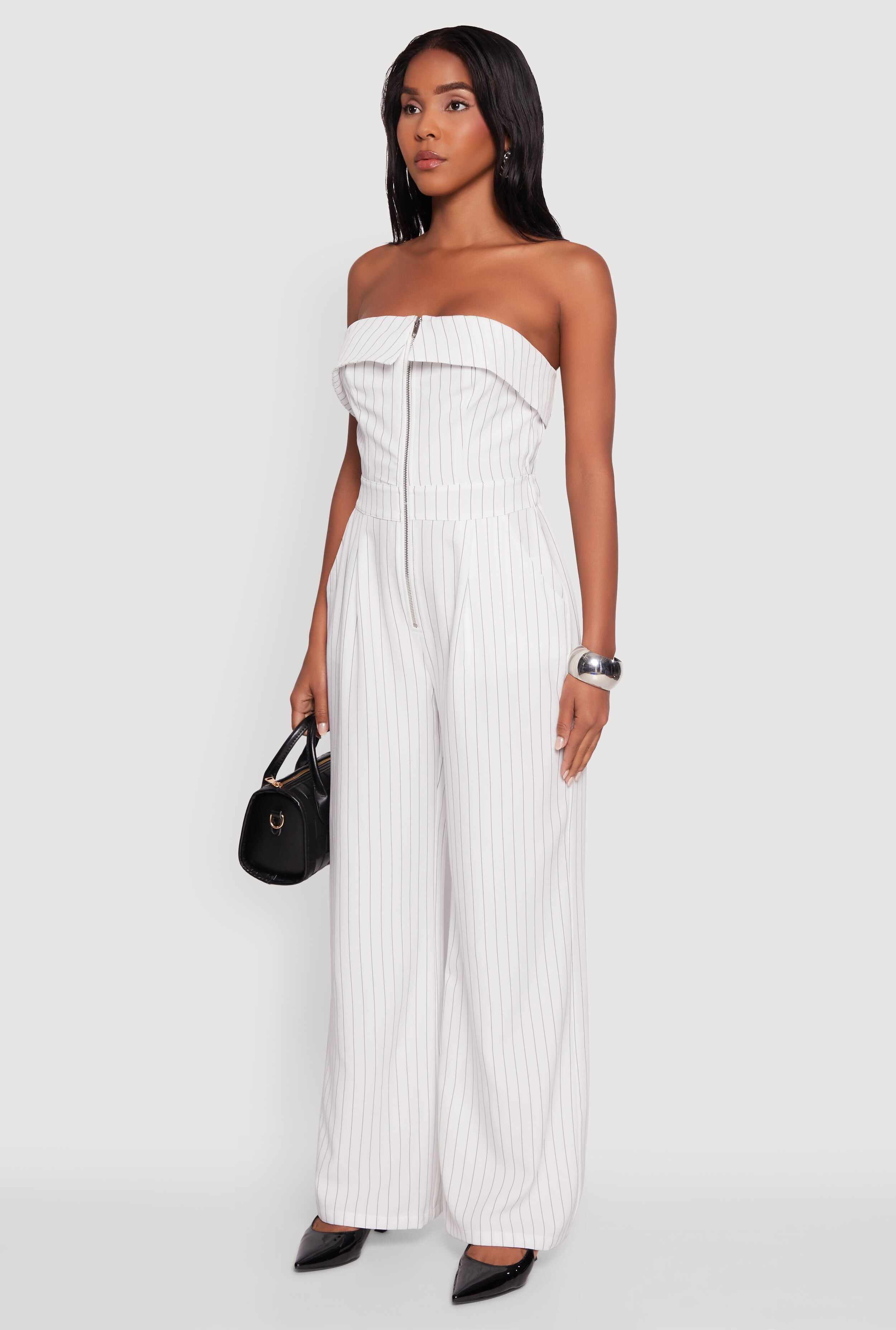 Pinstripe Fold Over Strapless Jumpsuit