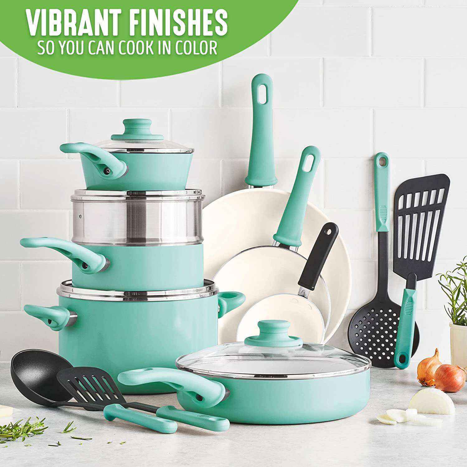 Soft Grip Healthy Ceramic Nonstick 16 Piece Cookware Pots and Pans Set, PFAS-Free, Dishwasher Safe, Turquoise