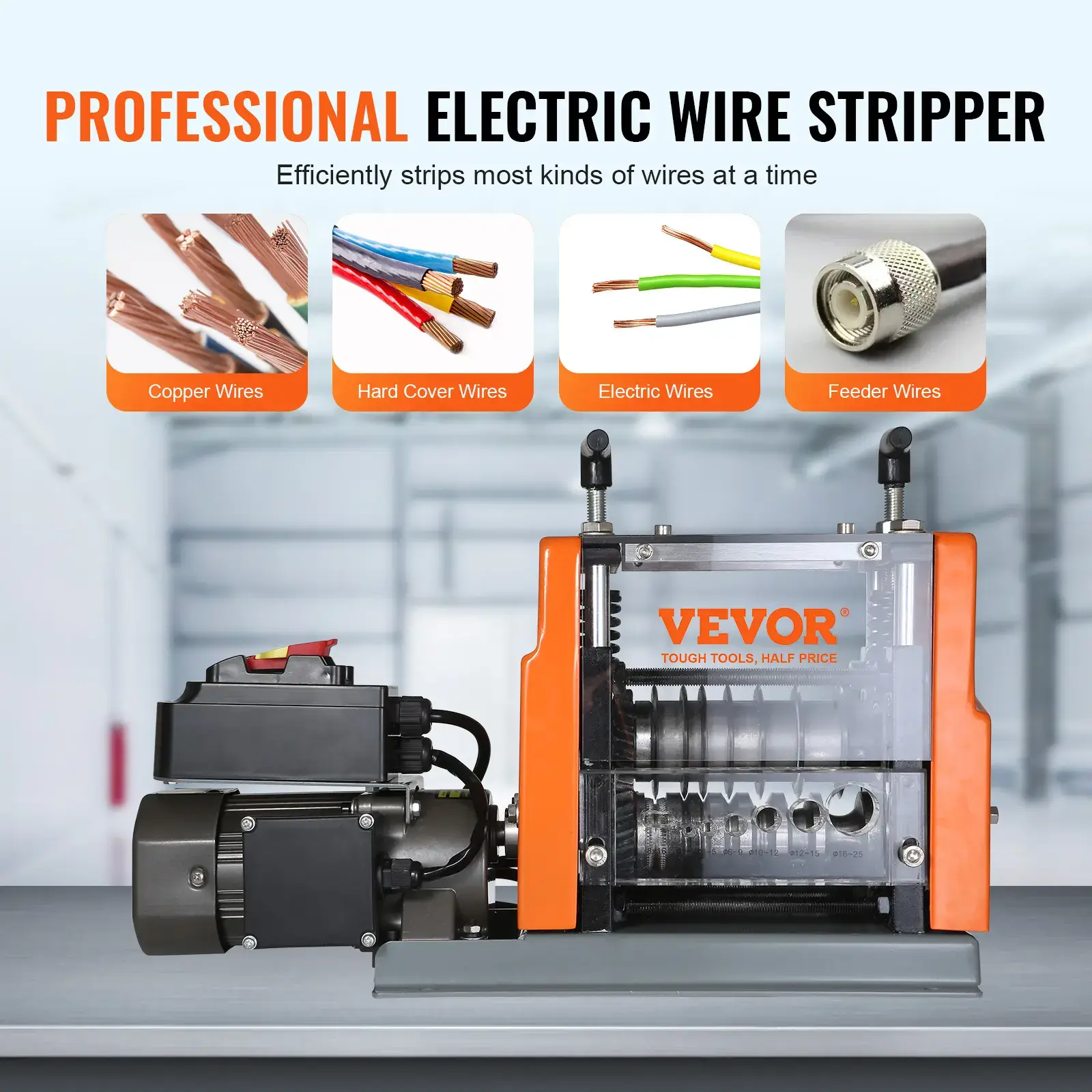 Electric Cable Stripping Tool, 60W Motorized Wire Stripper, 0.06''-0.98'' Stripping Range, with Clear Depth Gauge, 6 Circular & 1 Flat Channels for Copper Wire Recycling