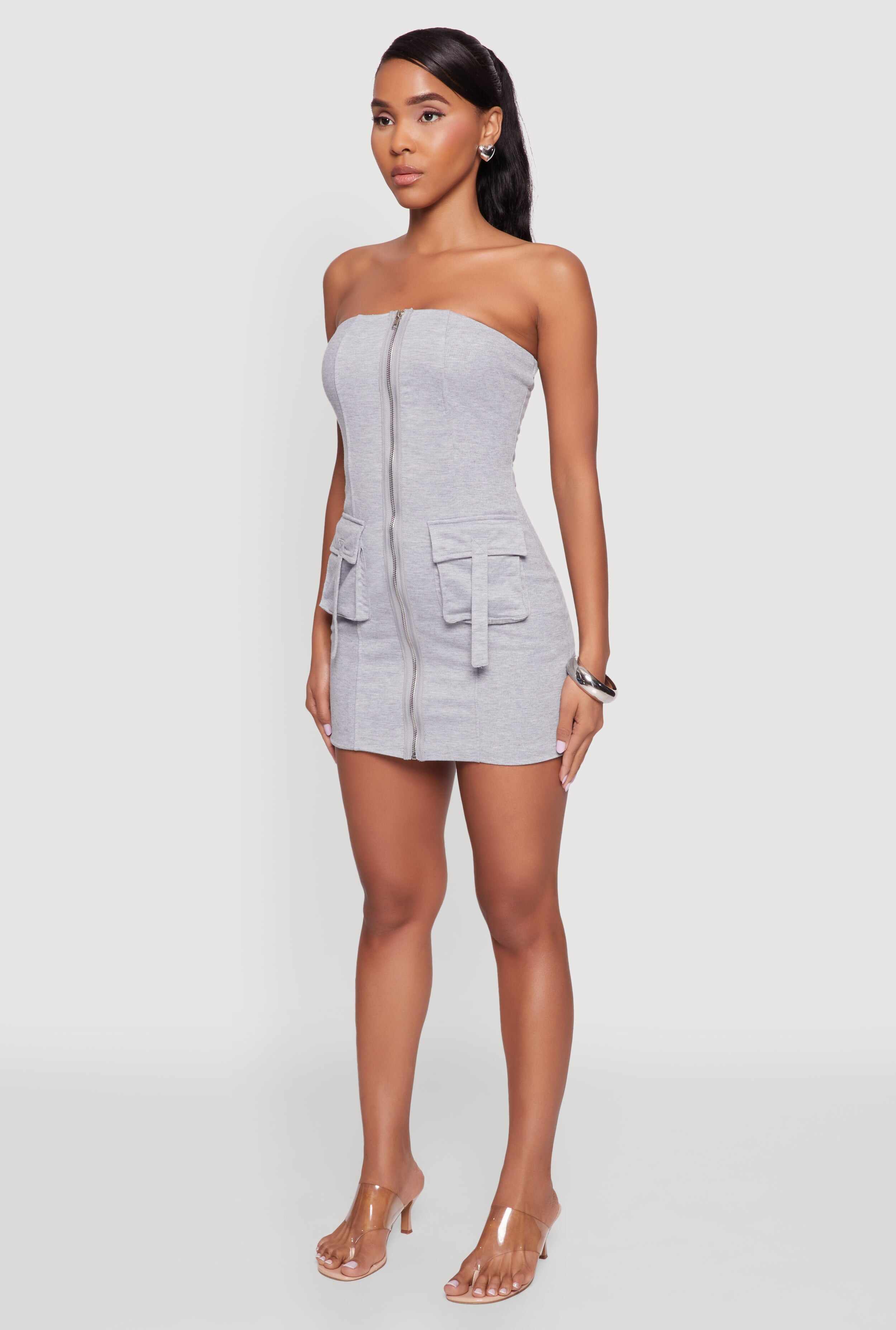 Ribbed Knit Zip Front Cargo Pocket Tube Dress