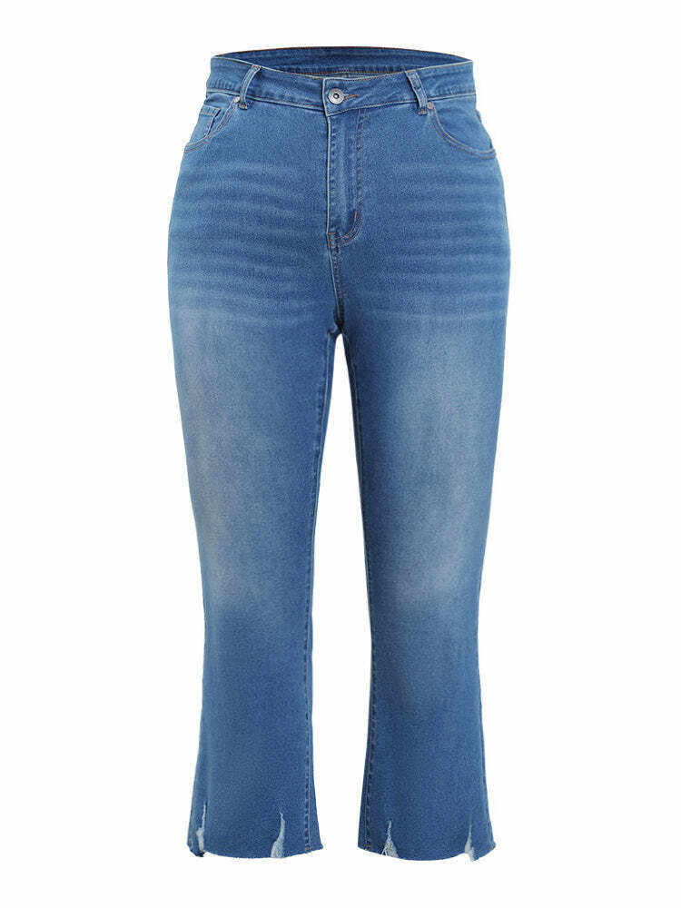 Bootcut Very Stretchy High Rise Medium Wash Distressed Hem  Jeans