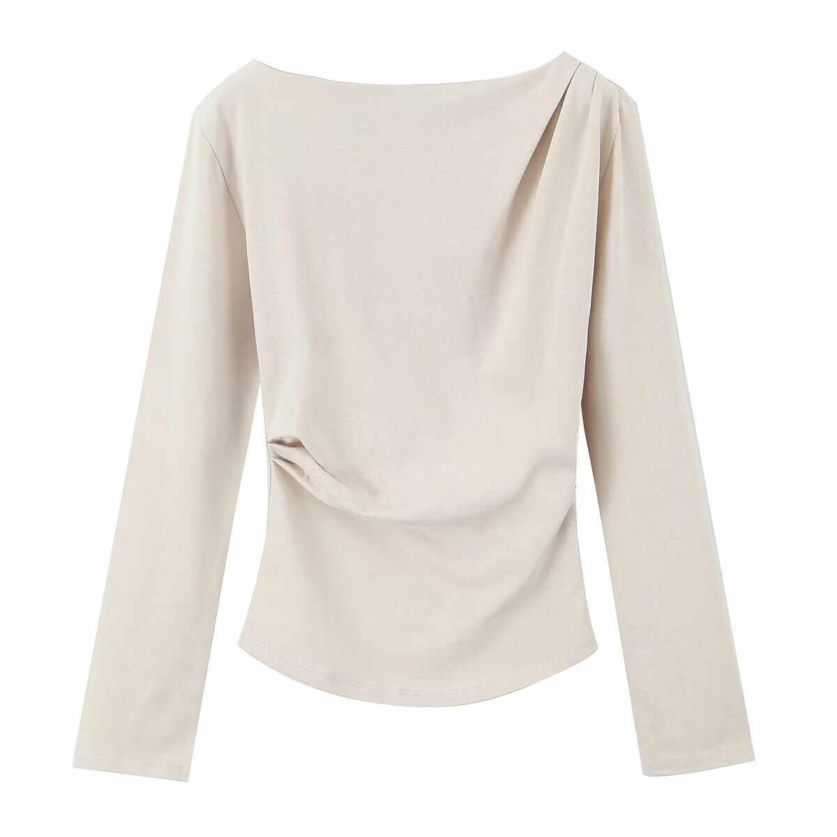 Spring New Simple And Versatile Long-sleeve Asymmetrical Elastic Top For Women With Pleats