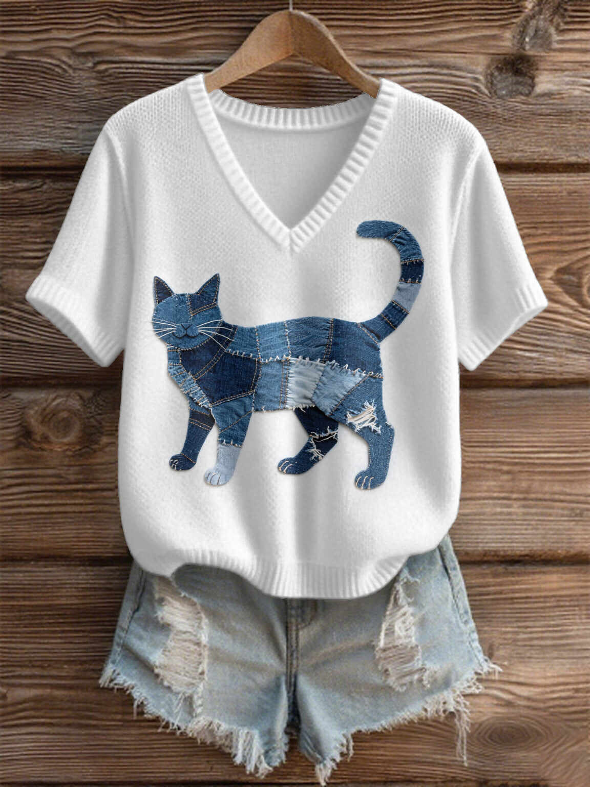 Imitation Sweaters Women's Clothing Short Sleeve V-neck Loose Top