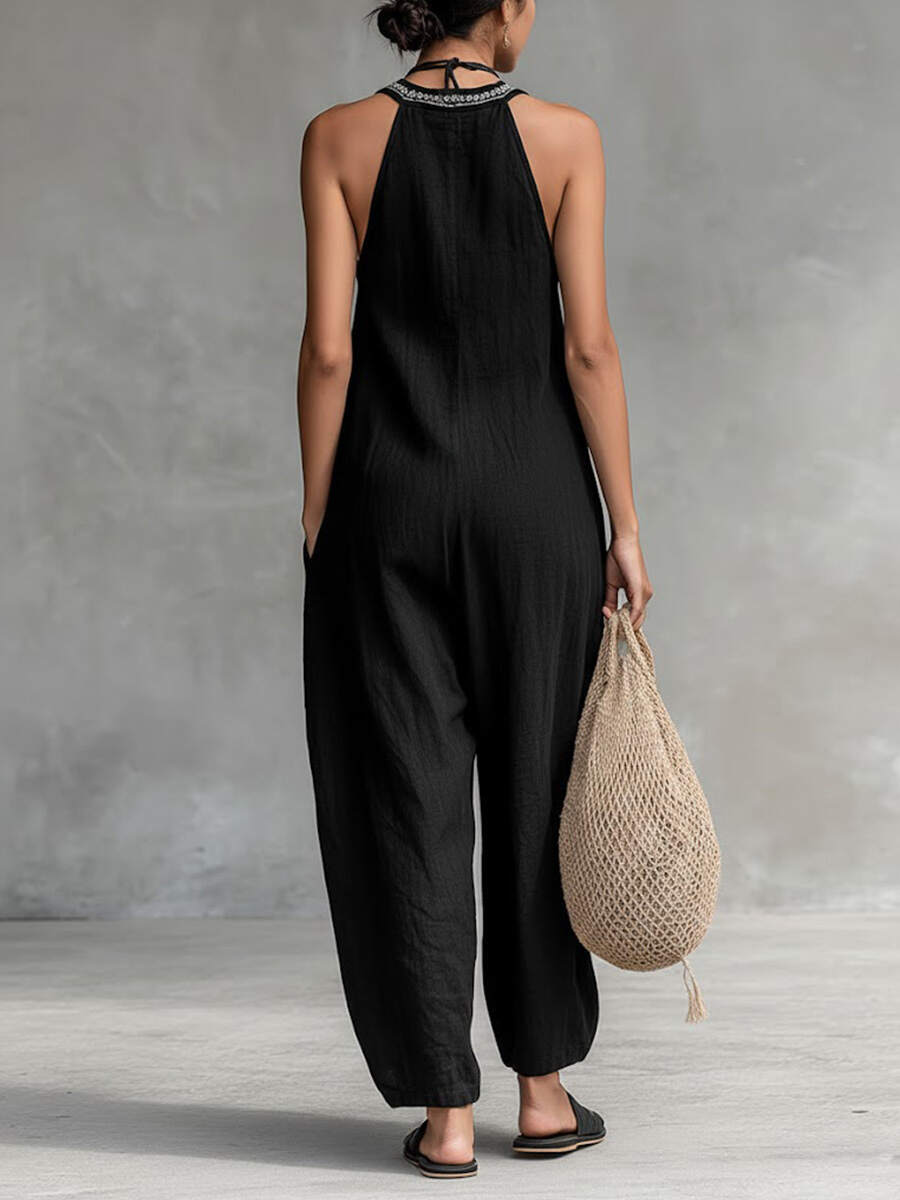 🔥Summer Arrivals🌟Women's Solid Color V-Neck Halter Neck Sleeveless Casual Loose Cotton Linen Wide-Leg Jumpsuit