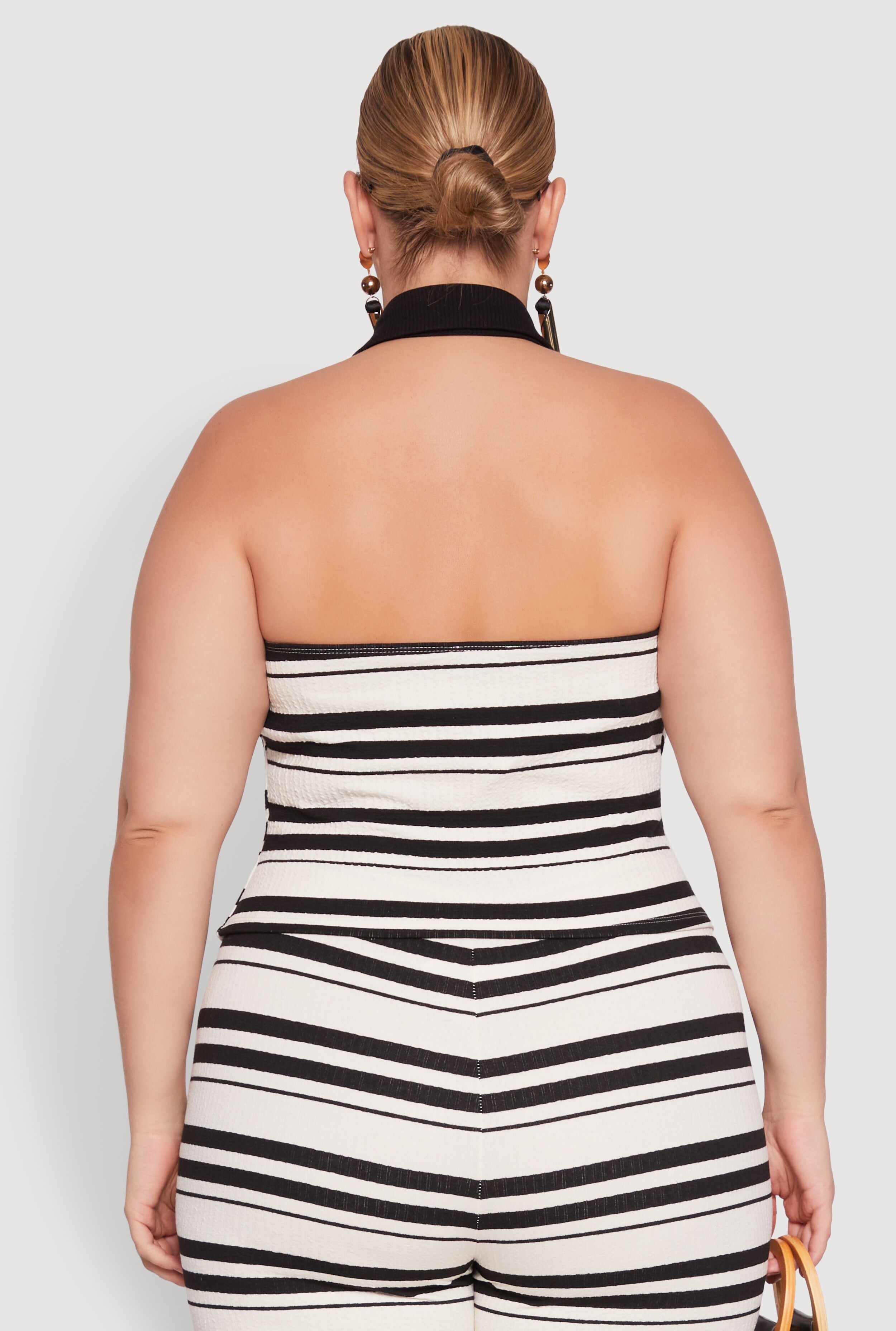 Plus Size Striped Sleeveless Blouse with Halter Neck and Contrast Trim