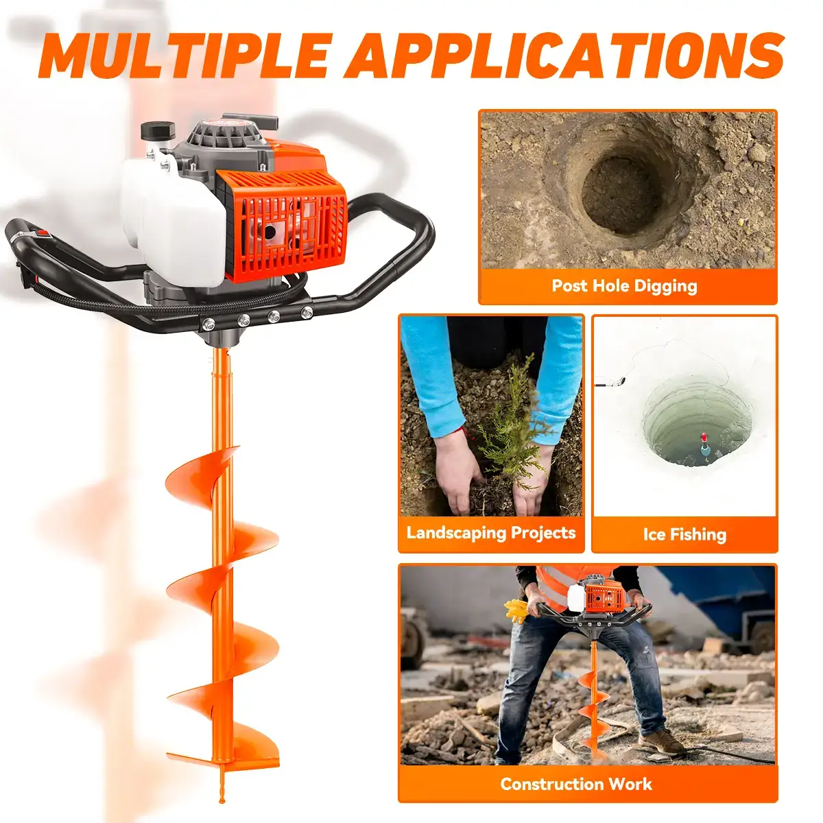 72CC 2-Stroke Gas Powered Earth Auger Post Fence Hole Digger Equipped with multiple sizes of drill bit combinations, Petrol Drill Borer for Garden & Lawn, Digging