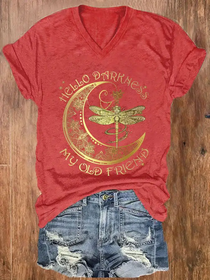 Women's Hippie Hello Darkness My Old Friend Printed V-Neck T-Shirt