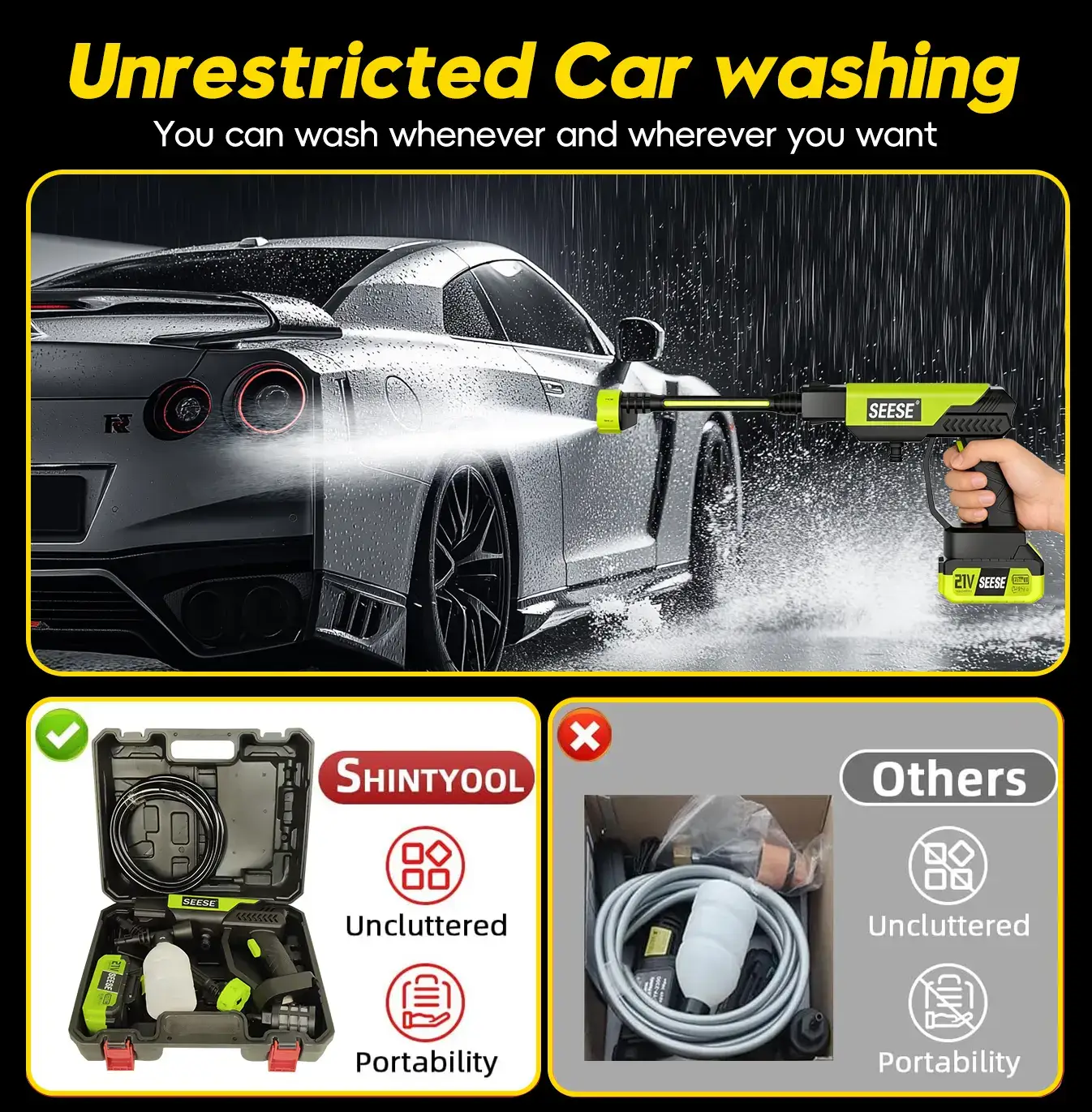 SEESE Cordless Pressure Washer and Single Port Charger Base, Bottle Portable Washer for Car,Home Cleaning & Garden Watering