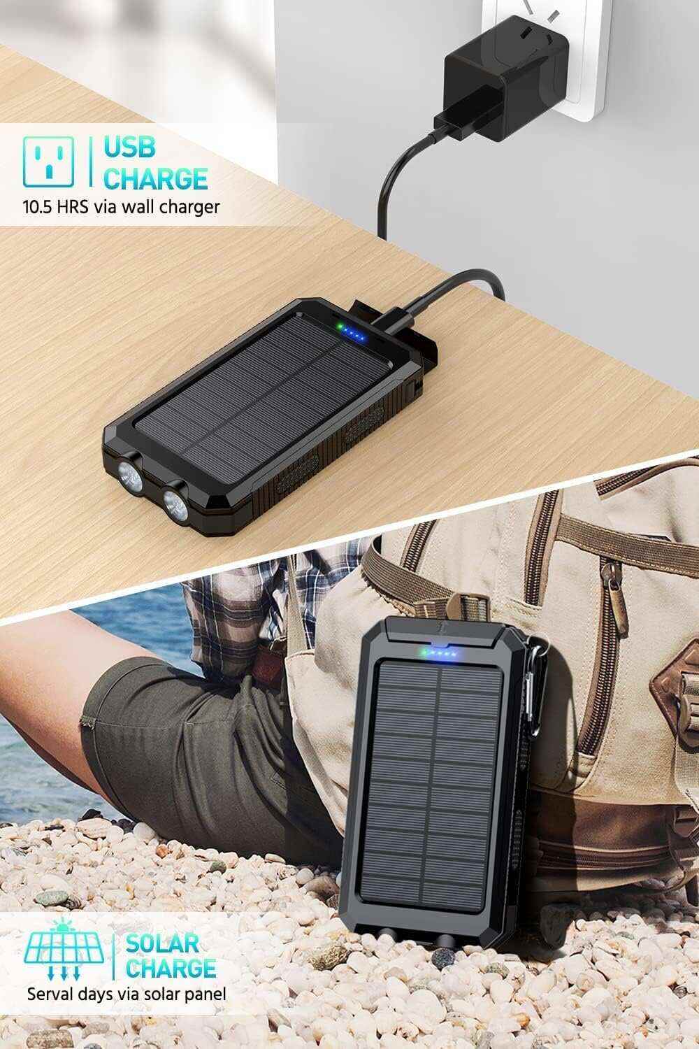 Power-Bank-Portable-Charger-Solar - 36800mAh Waterproof Portable External Backup Battery Charger Built-in Dual QC 3.0 5V3.1A Fast USB and Flashlight for All Phone and Electronic Devices (Deep Orange)