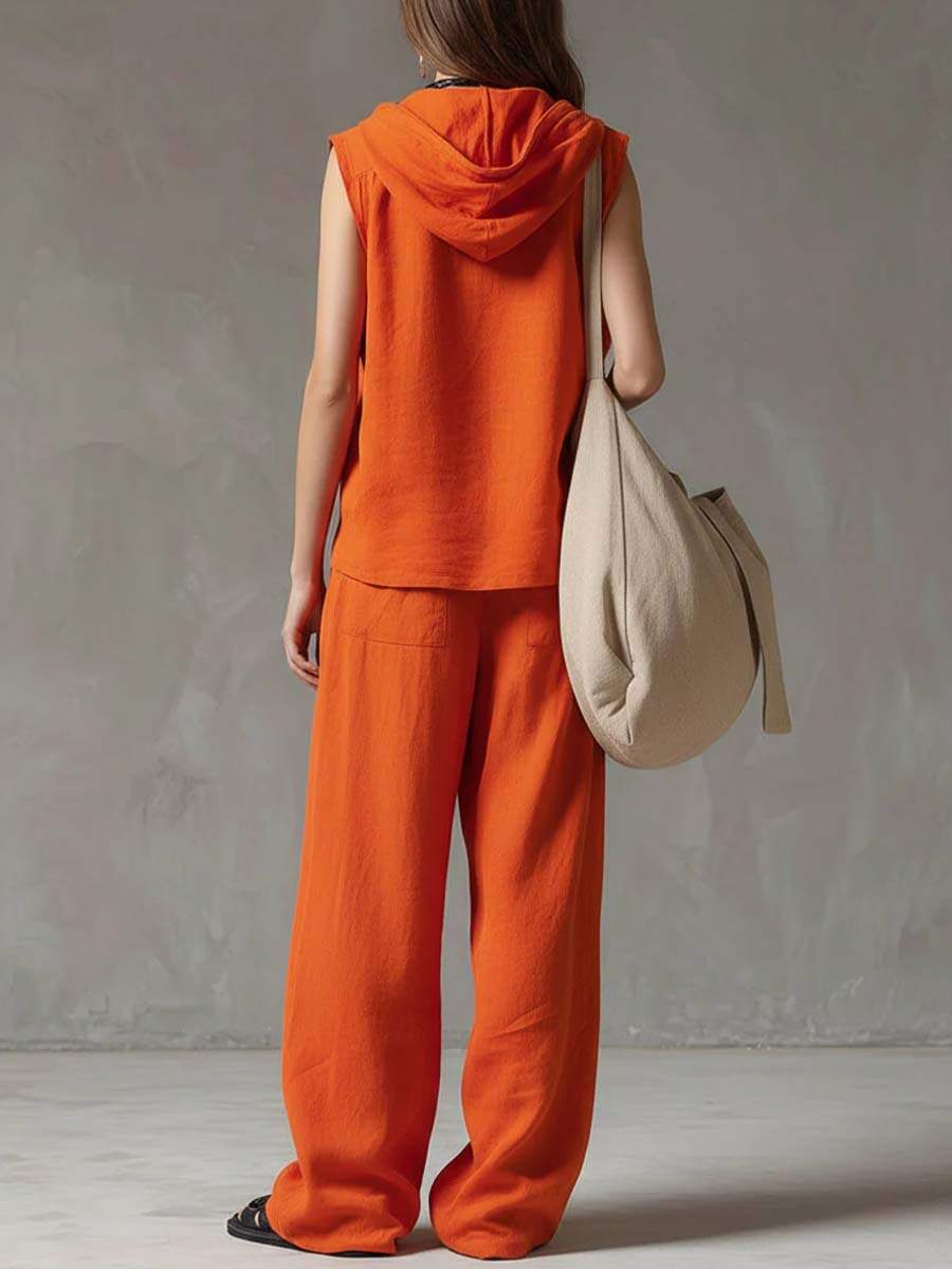 🔥Summer Arrivals🌟Women's Solid Color Sleeveless Casual Loose Hooded Top and High-Waisted Wide-Leg Cotton Set