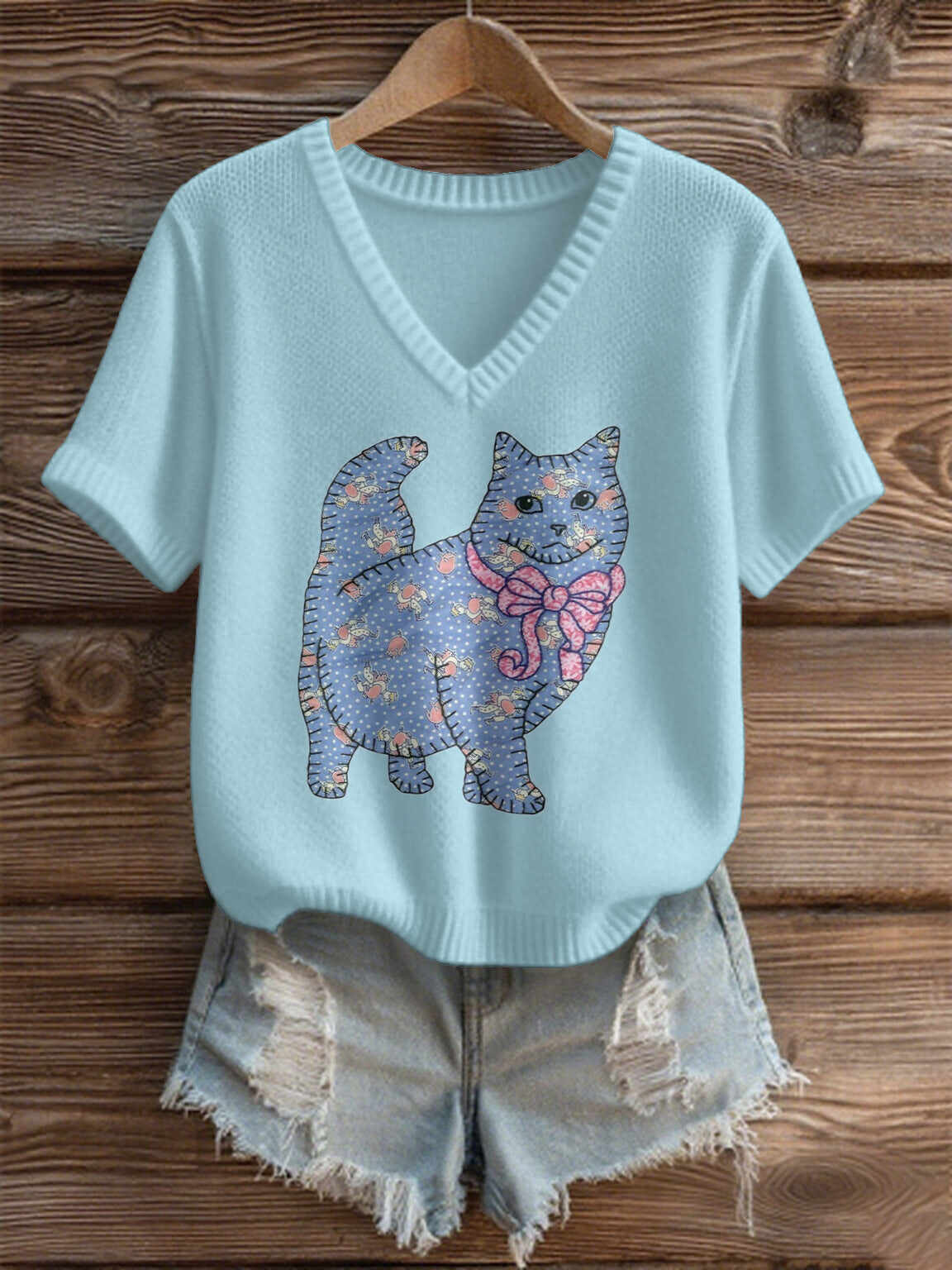 Imitation Sweaters Women's Clothing Short Sleeve V-neck Loose Top