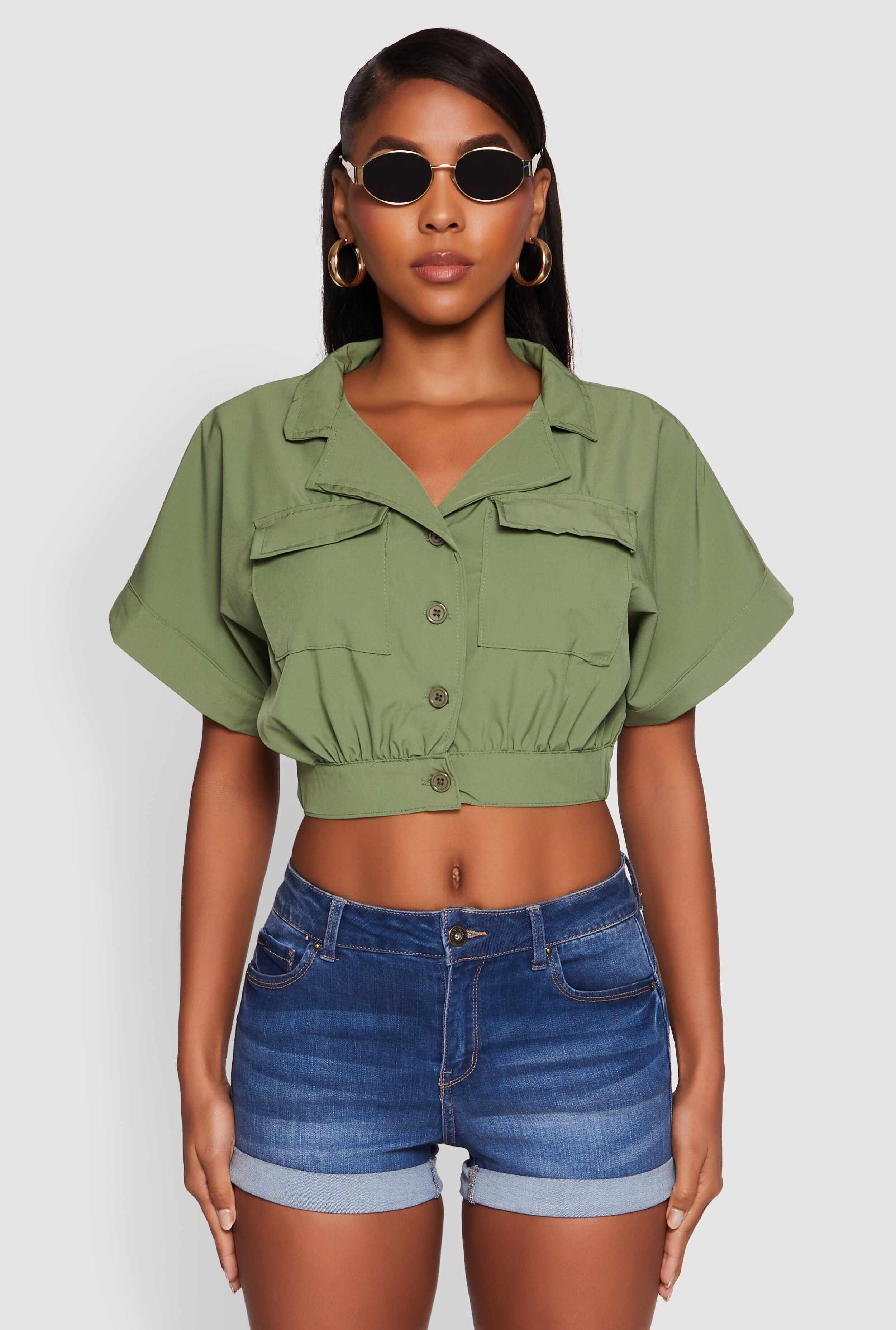 Dolman Sleeve Button Front Shirt Collar Crop Top