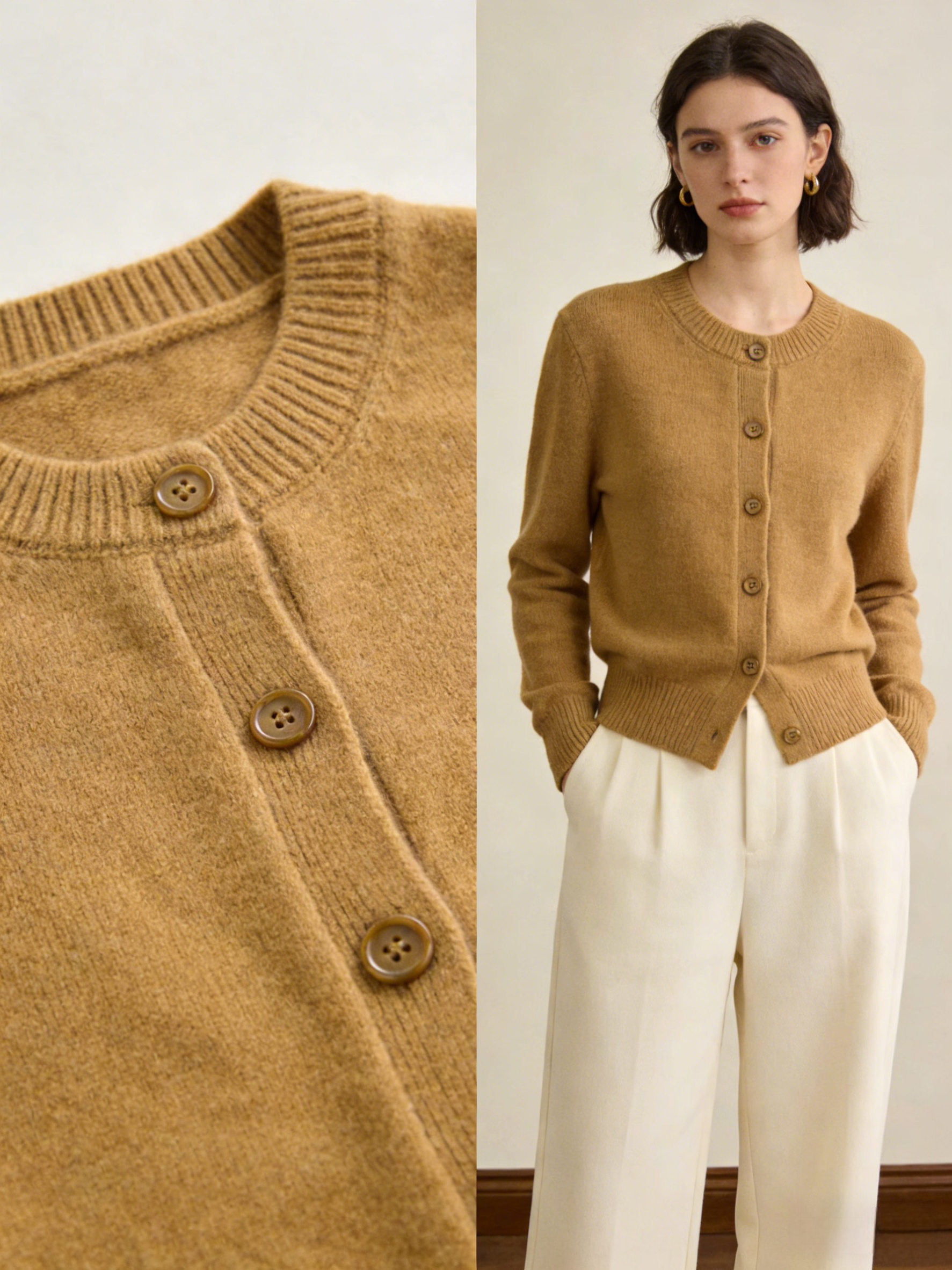 French Khaki Peter Pan Collar Button Patchwork Knit Coats Fall