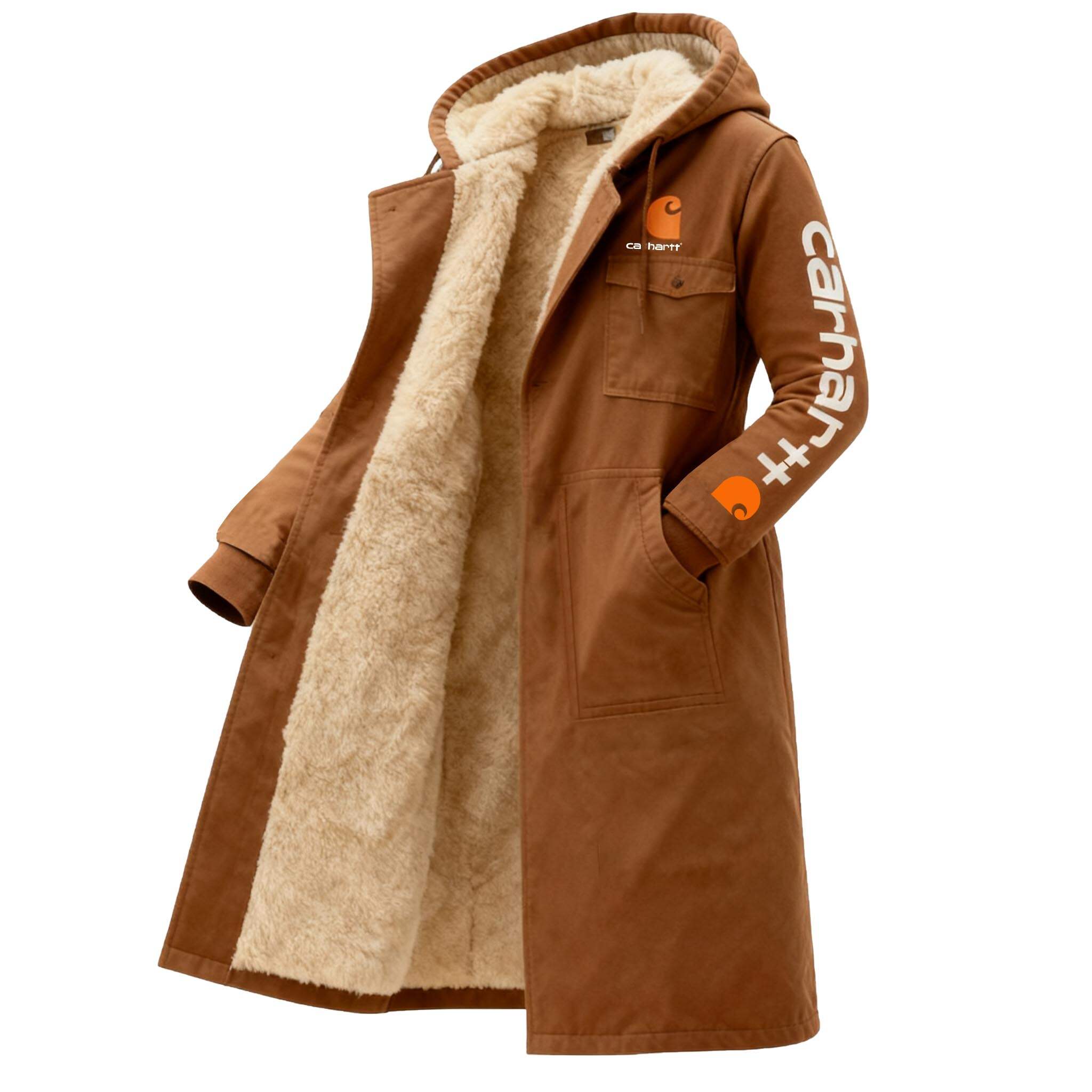 Women's Vintage Brown Workwear Fleece Pocket Long Hooded Coat