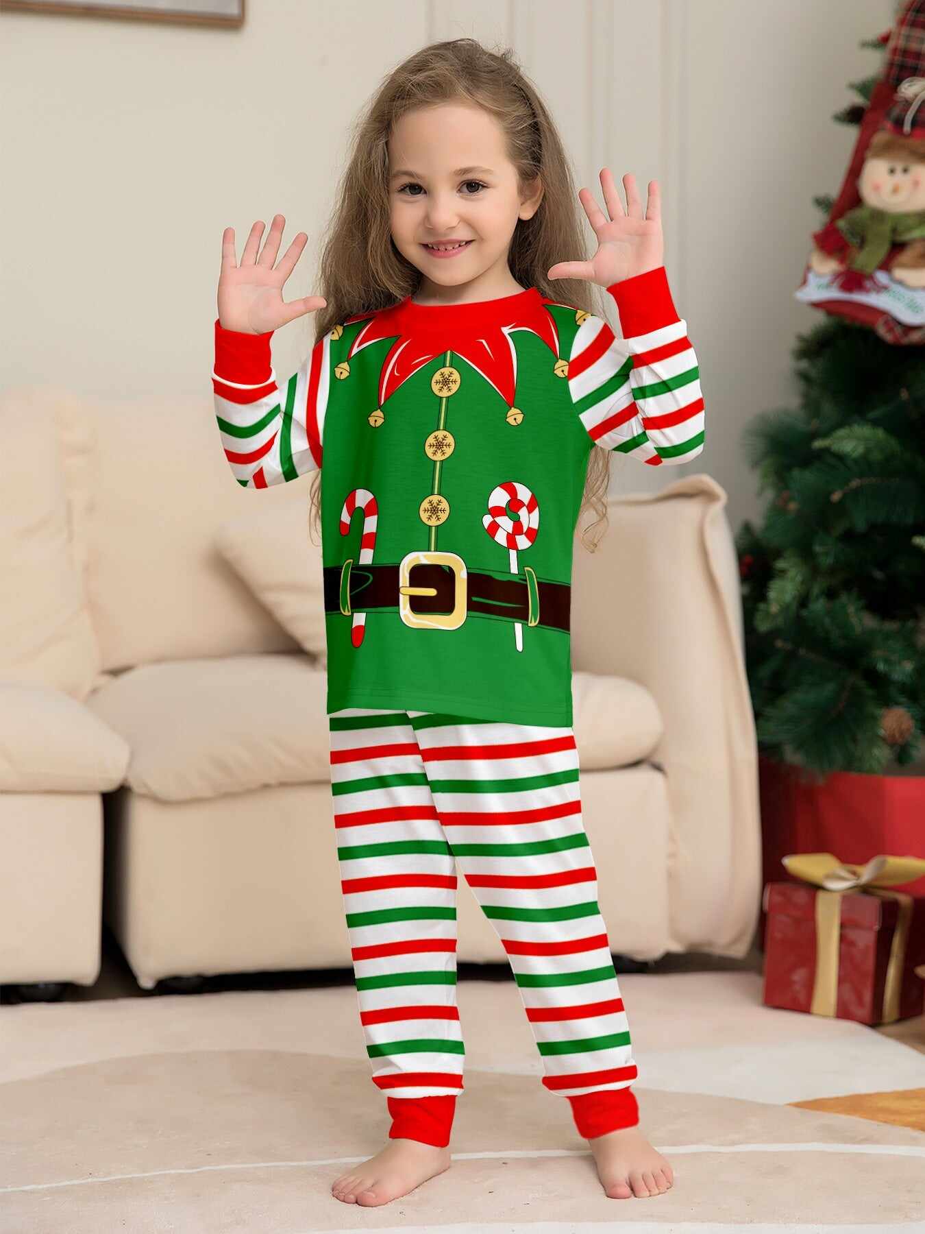 2024 3D Print Christmas Family Pajamas Red Green Striped Crutch Xmas Pajamas