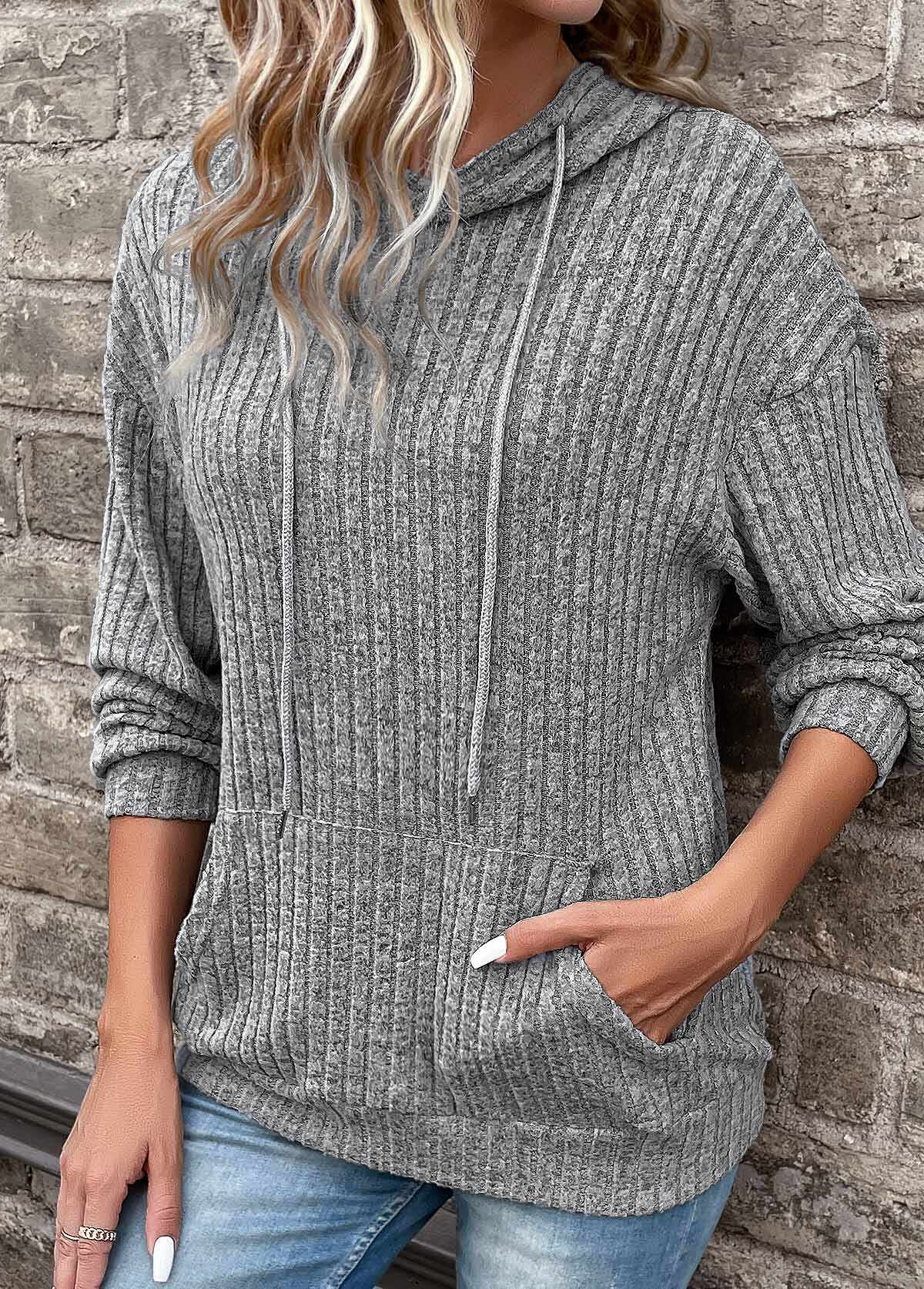 Grey Pocket Long Sleeve Hooded Sweatshirt