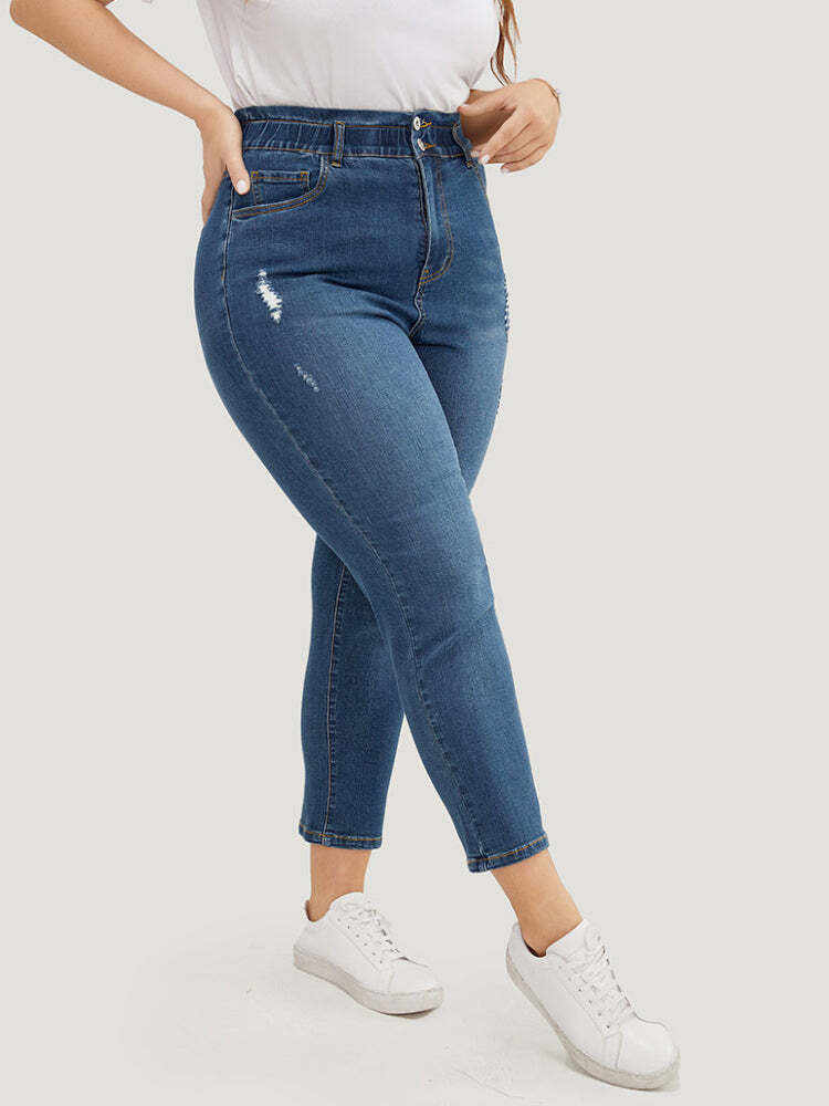 Very Stretchy High Rise Medium Wash Ripped Jeans
