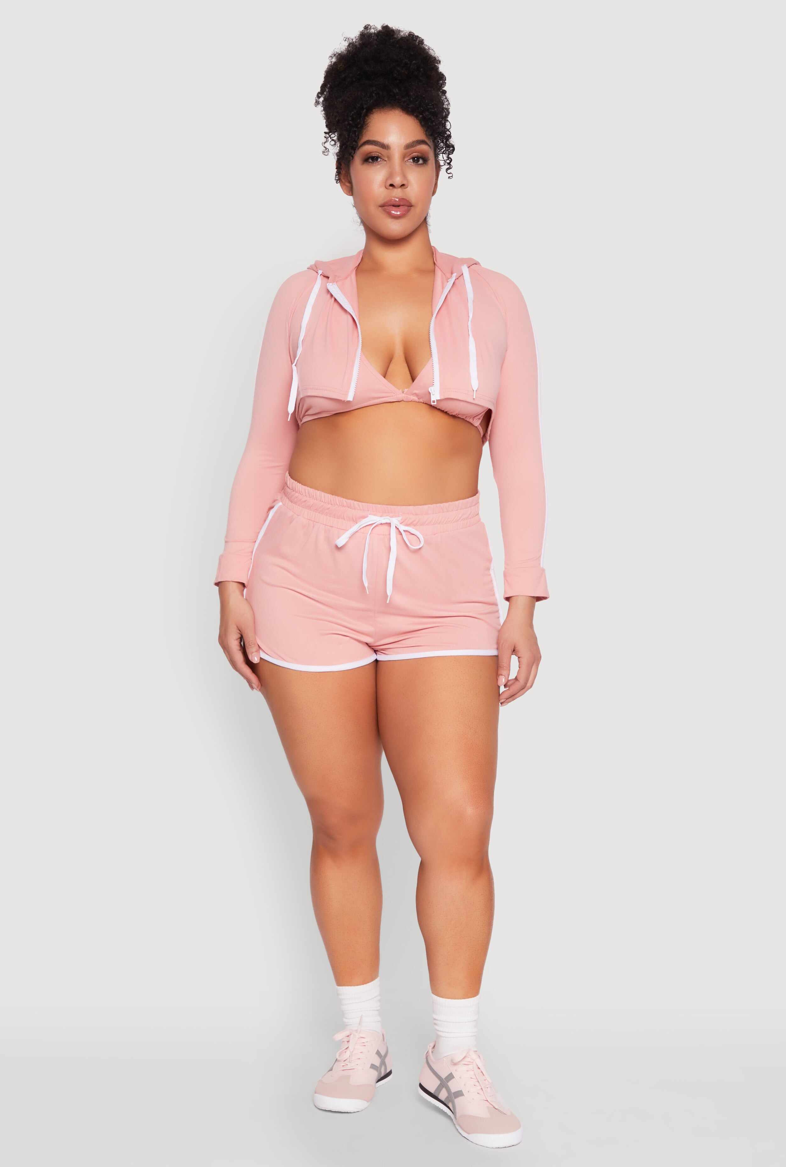 Plus Size Varsity Stripe Zip Front Cropped Hoodie