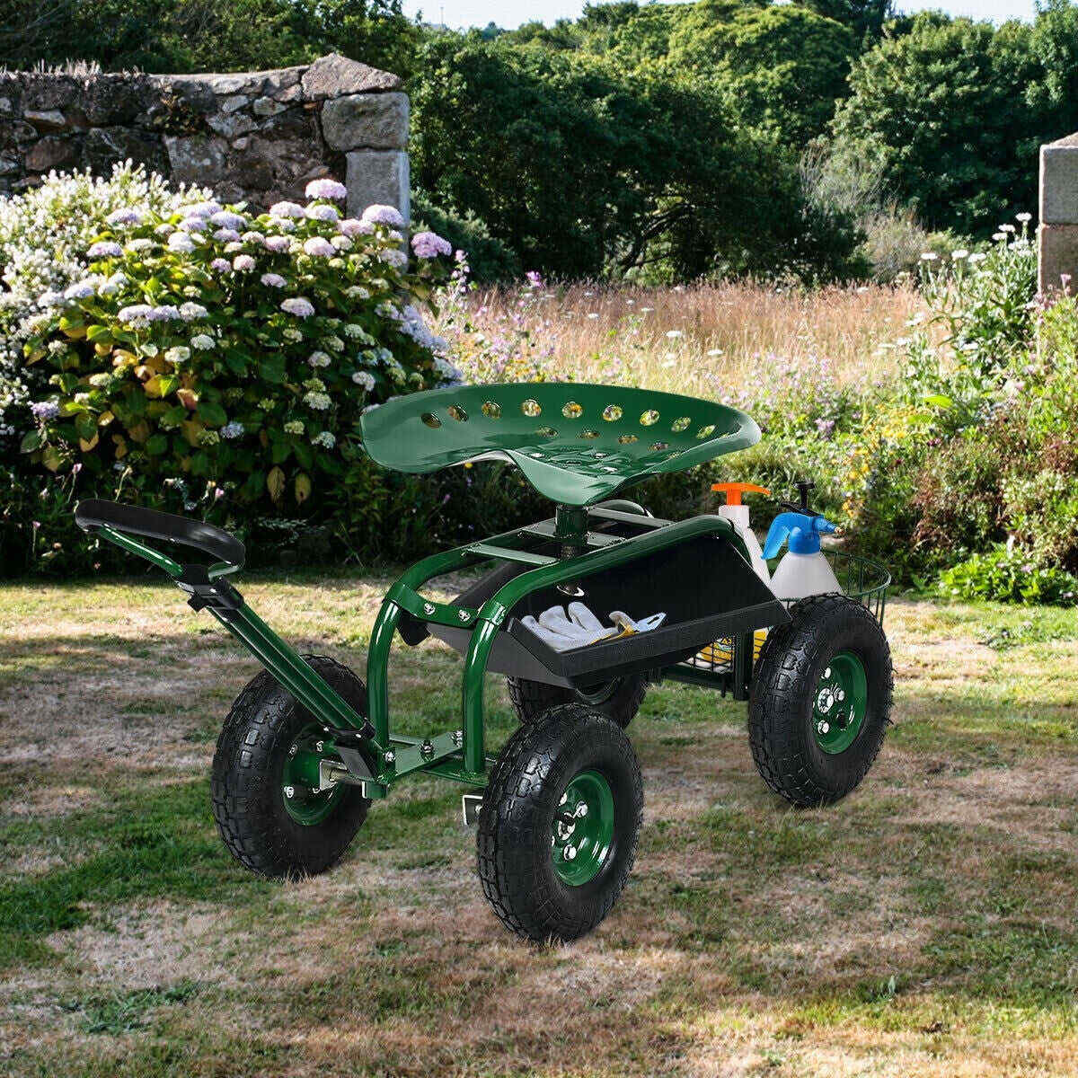 Heavy Duty Rolling Garden Cart with 360 Swivel Seat & Extendable Steer Handle