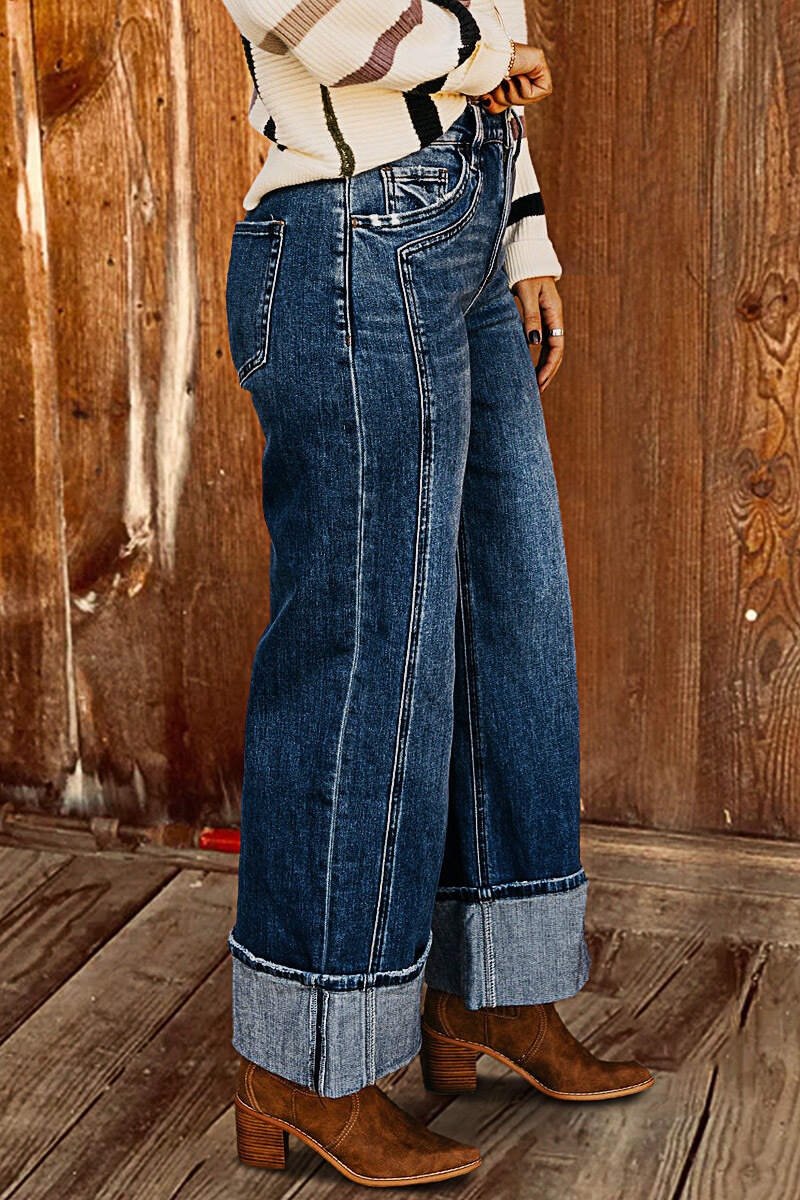 Roll Hem Wash Mid Waist Straight Leg Jeans