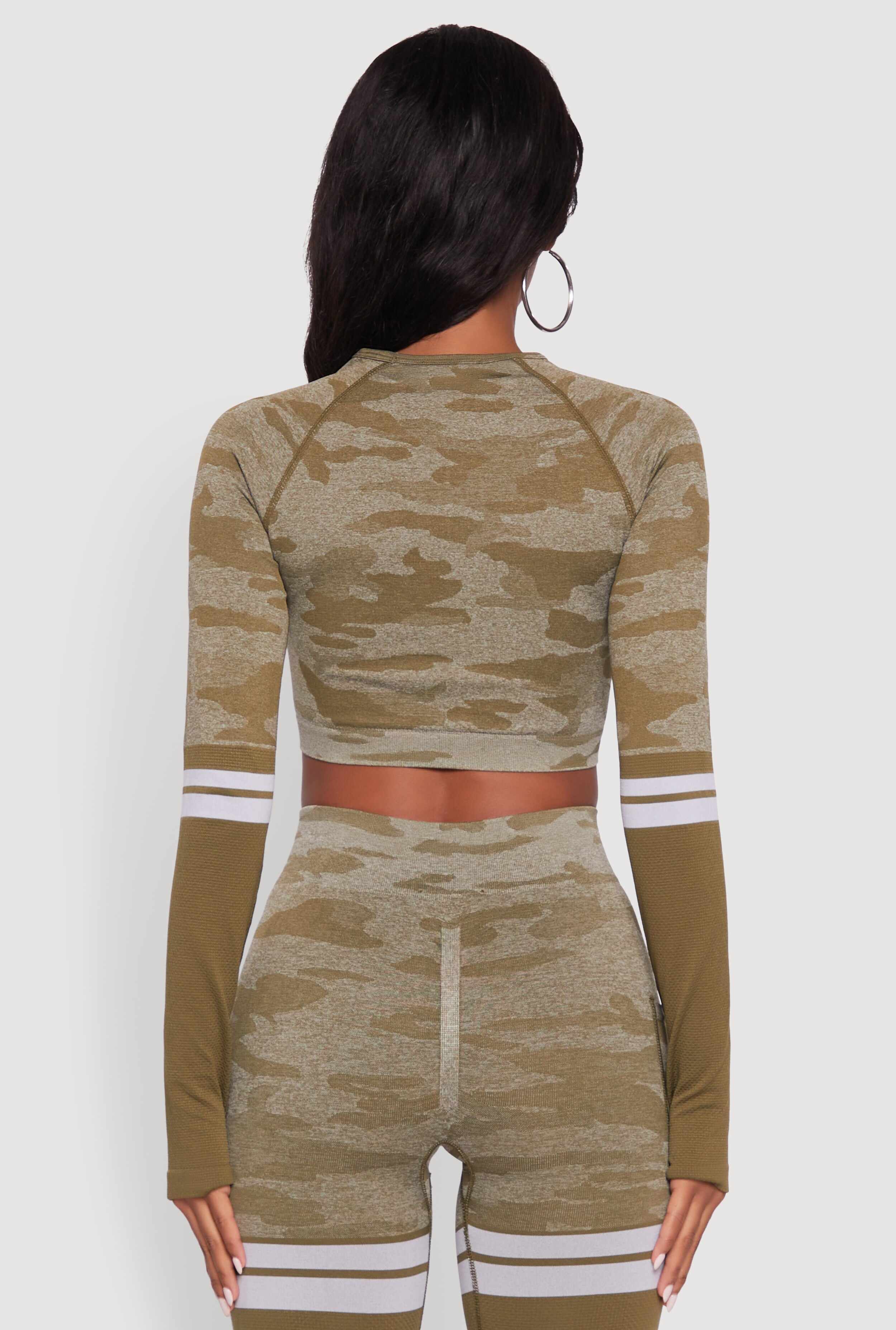 Camo Two Tone Long Sleeve Crop Top with Thumb Holes