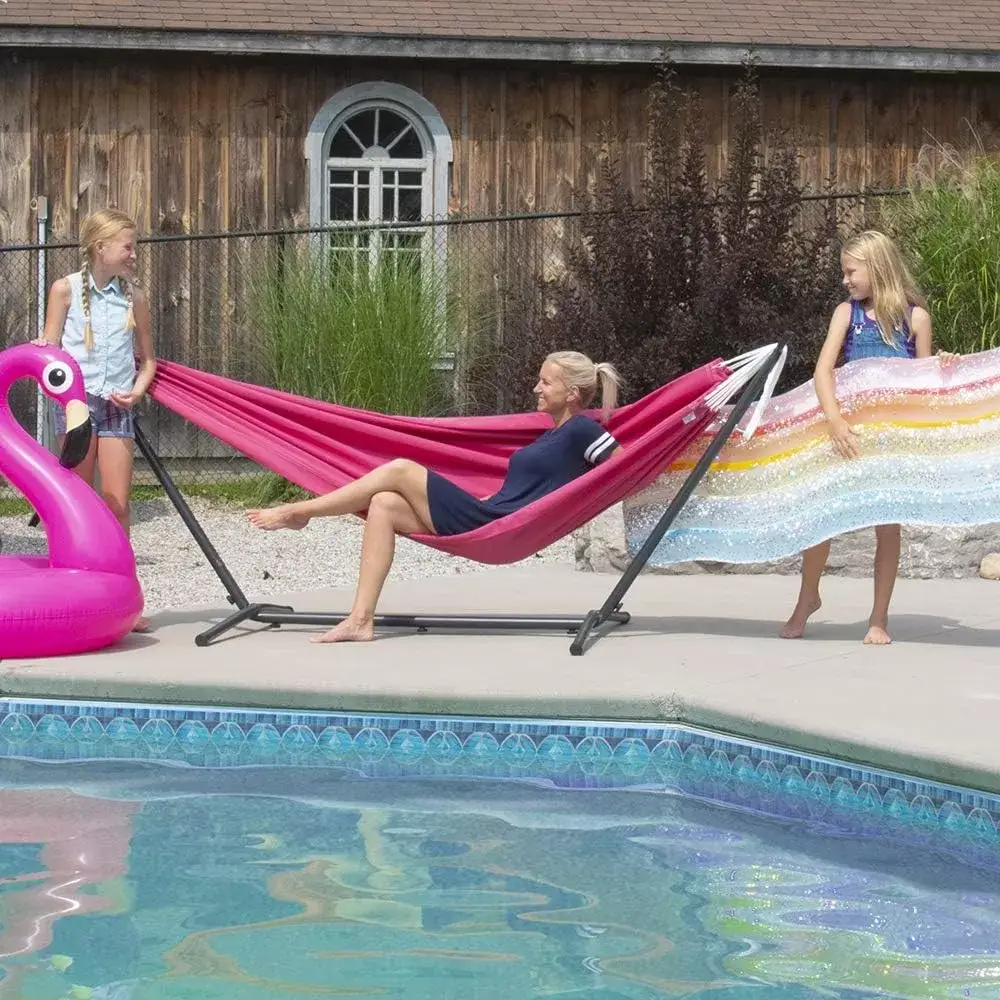 Double Cotton Hammock with Space Saving Steel Stand, Tropical (450 lb Capacity - Premium Carry Bag Included)