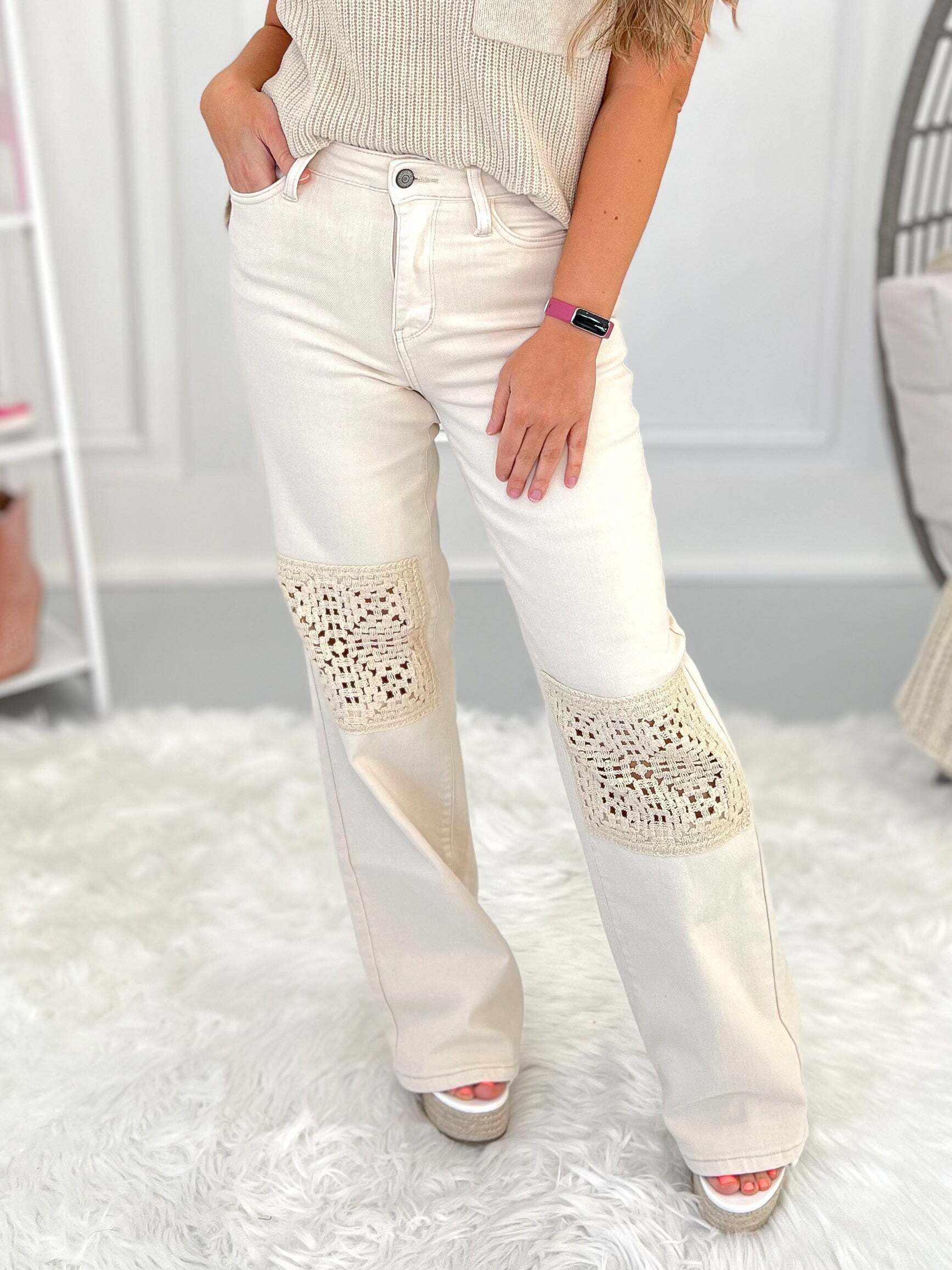 Christmas - Beige Dyed Crochet Patched Wide Jeans - Final Sale