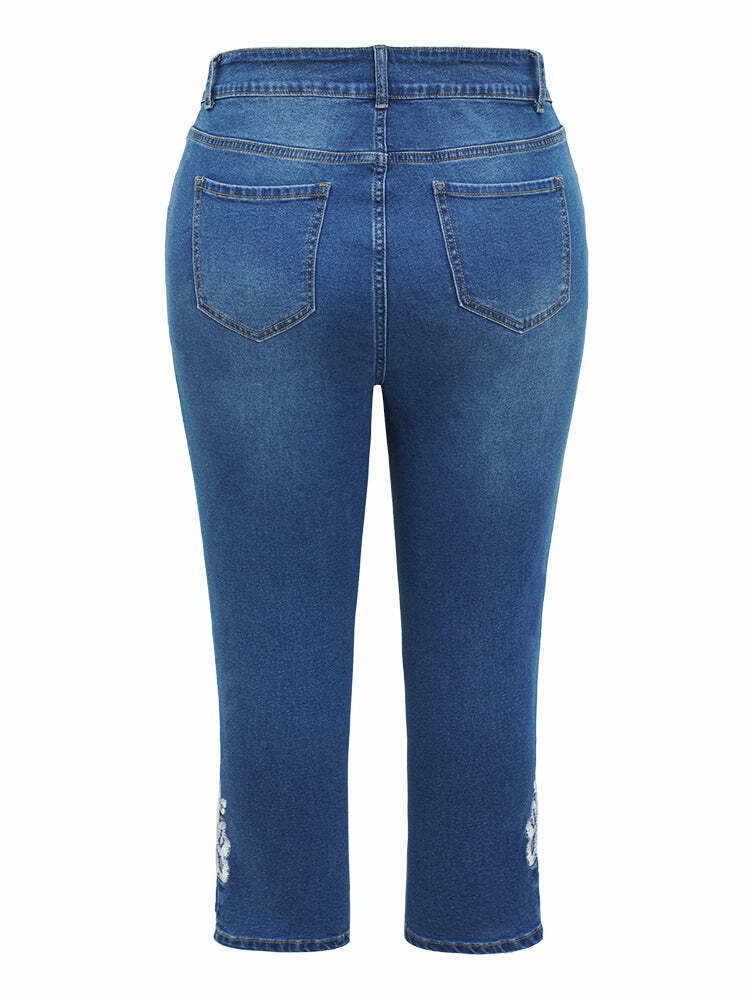 Very Stretchy High Rise Medium Wash Embroidered Cropped Jeans