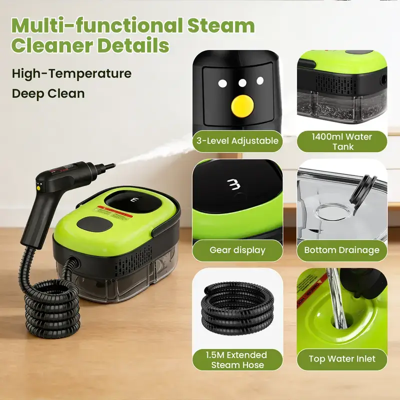 Household and car steam cleaner, 1500W power, 3-Level Adjustable, 1.4L large-capacity water tank, comes with 15 accessories, handheld steam cleaner, suitable for fine cleaning of cars, kitchen grease, tile grout cleaning, and furniture cleaning.
