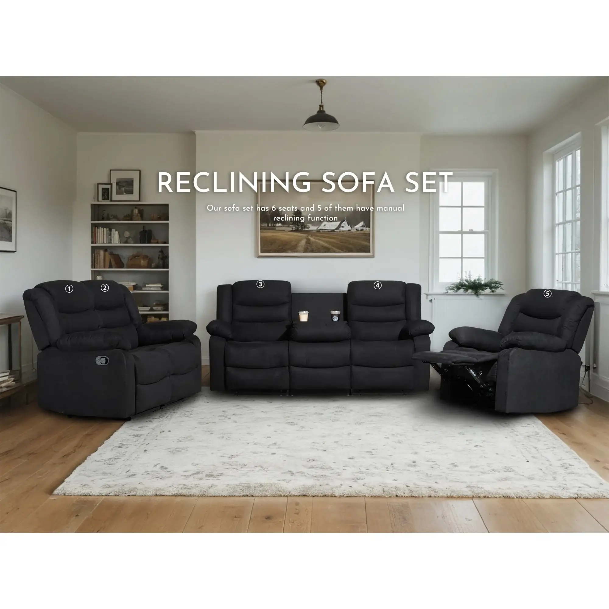 Modern 3-Piece Manual Reclining Living Room Sofa Set with Dropdown Table and Console